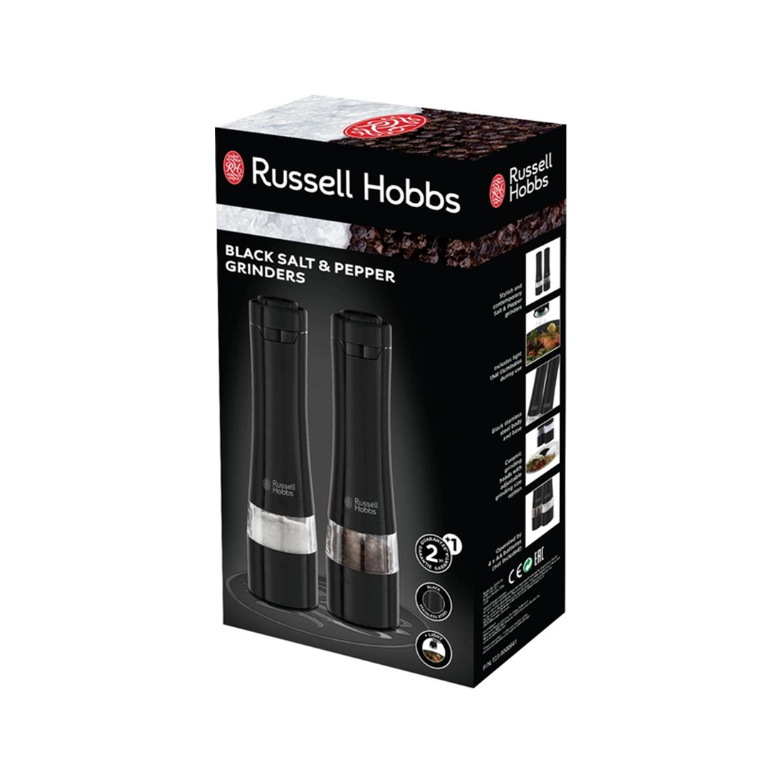 Набор электрических мельниц, Russell Hobbs, 28010-56, 2 предмета в наборе, Работа от батареек типа АА, Нержавеющая сталь, Регулировка помола, Подсветка рабочей зоны, Черный