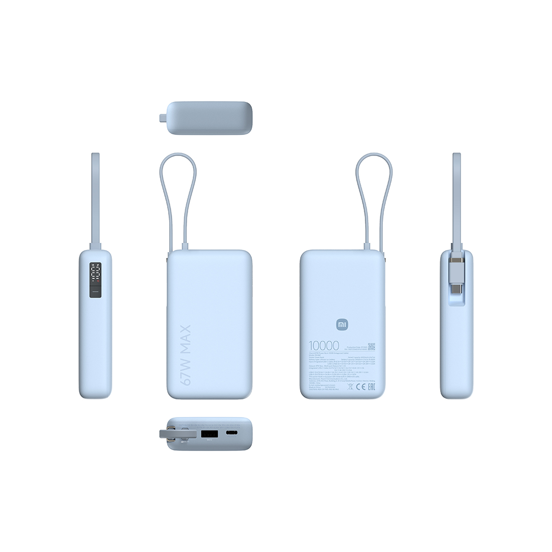 Портативный внешний аккумулятор, Xiaomi, 67W Power Bank 10000 (Integrated Cable) Ice Blue, PB1067/BHR08NZGL, Поддержка быстрой зарядки 67 Вт, Номинальная емкость 6000 mAh, Встроенный кабель USB-C, Размер продукта 105.2  65.2  26.9 мм, Голубой
