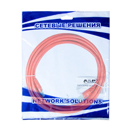 Патч Корд, A&P, APP001RD3, Cat.5, UTP, RJ-45, 3 м, Красный, Пол. пакет