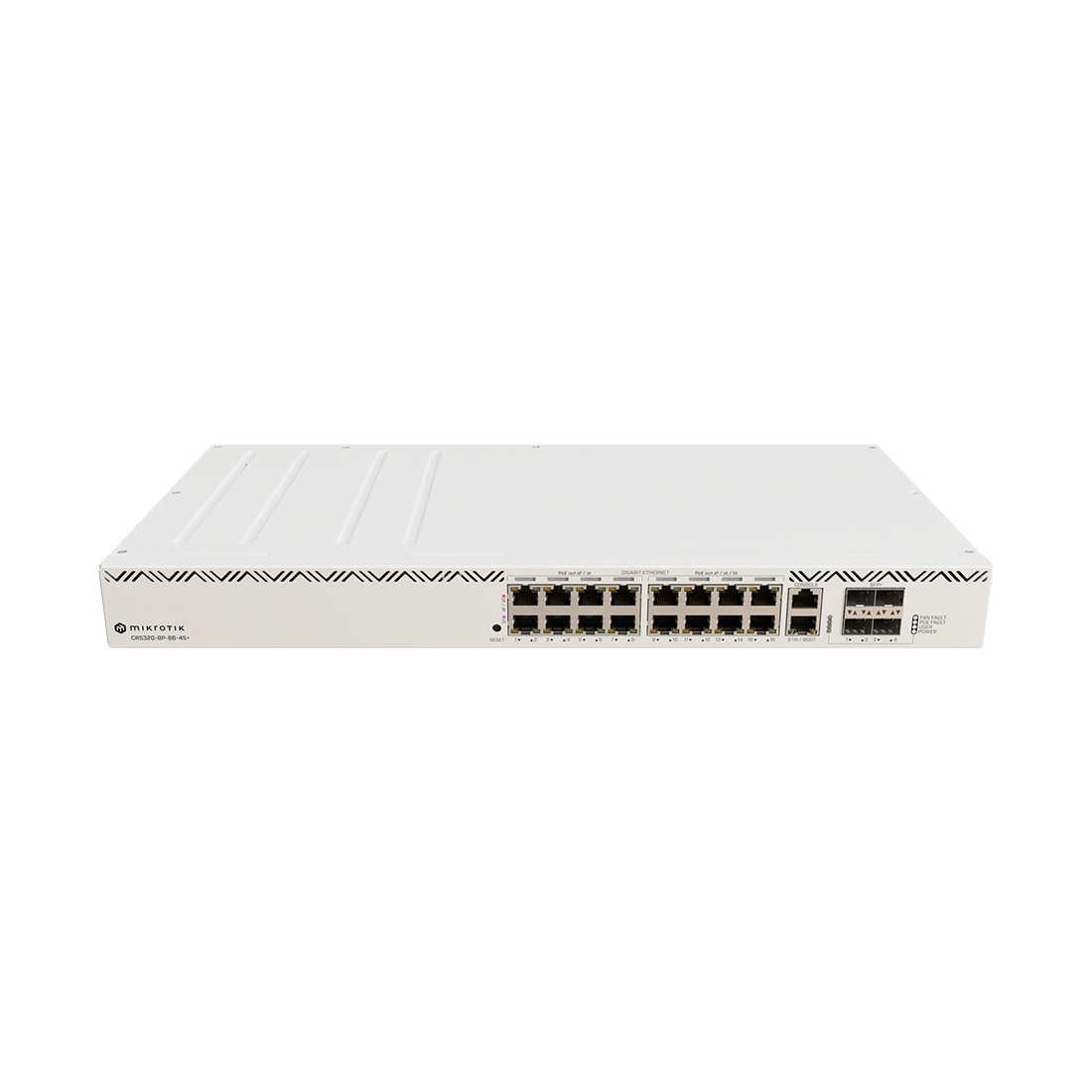 Коммутатор, MikroTik, CRS320-8P-8B-4S+RM, Cloud Router Switch, 17 портов 10/100/1000M, 4 порта SFP+, (802.3af/at/bt порт 1-16 PoE-out, 960W), RouterOS v7, -10°С до 50°С, стоечный