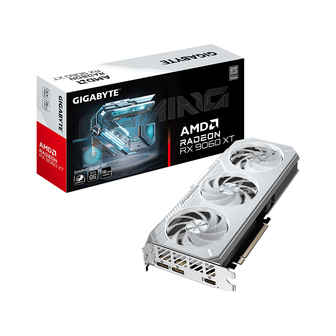 Видеокарта, Gigabyte, Radeon RX 9060 XT GAMING OC ICE 16G (GV-R906XGAMINGOCICE-16GD) 4719331357047, GDDR6, 128bit, 1-HDMI, 2-DP, Windforce 3X Fan, 281*118*40 мм, Цветная коробка