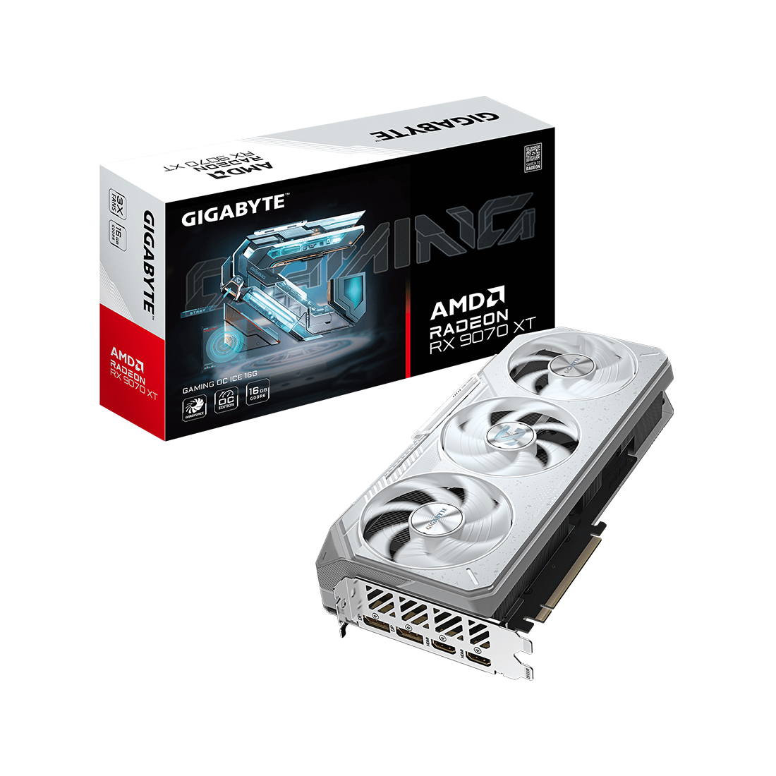 Видеокарта, Gigabyte, Radeon RX 9070 XT GAMING OC ICE 16G (GV-R907XGAMINGOCICE-16GD) 4719331357030, GDDR6, 256bit, 2-HDMI, 2-DP, Windforce 3X Fan, 288*132*56 мм, Цветная коробка