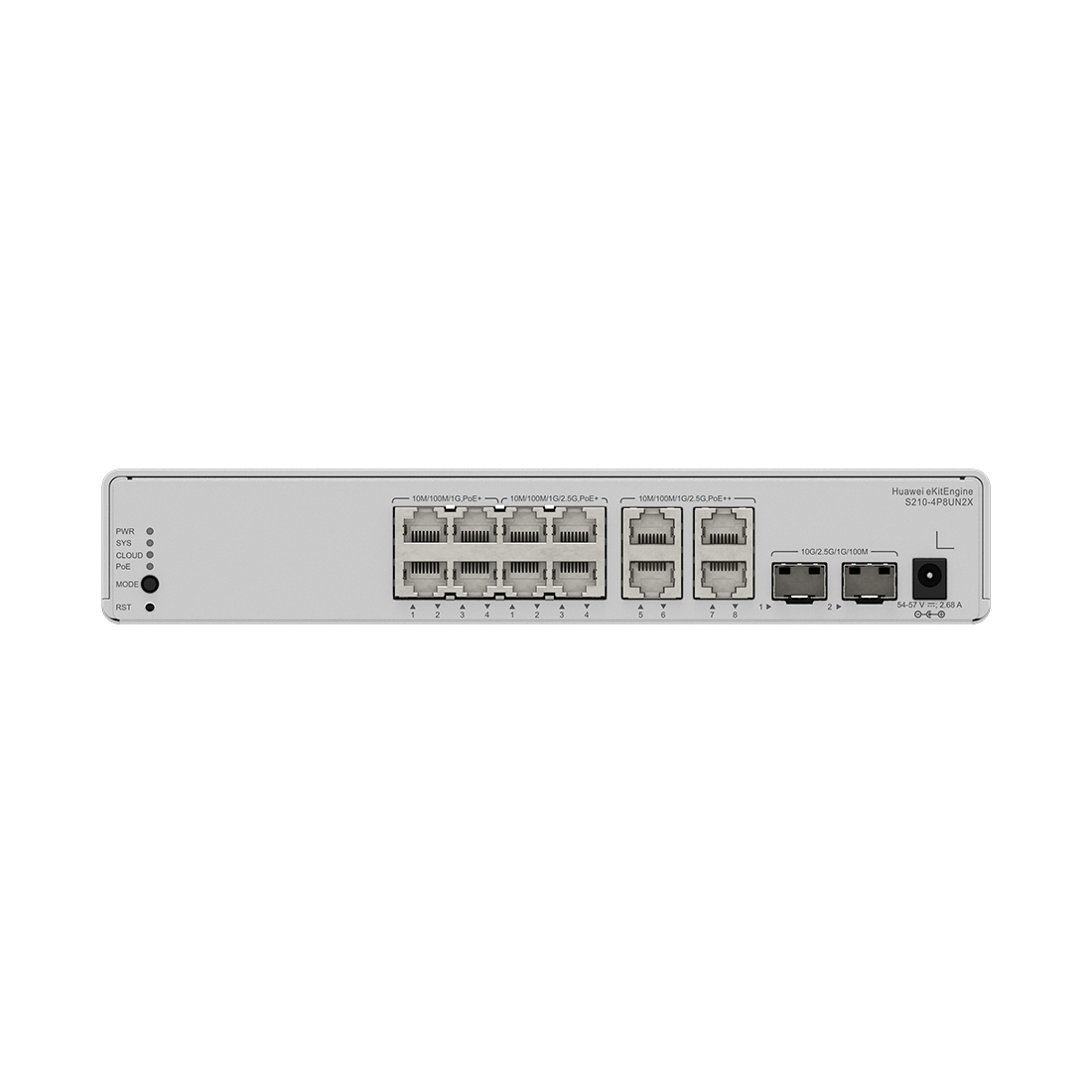 Коммутатор, Huawei, S210-4P8UN2X, Управляемый L2, 4GE RJ45 (PoE+), 82.5GE RJ45 (PoE+/PoE++), 210GE SFP+ uplink, VLAN, PoE 120W, fanless, стоечный 1U