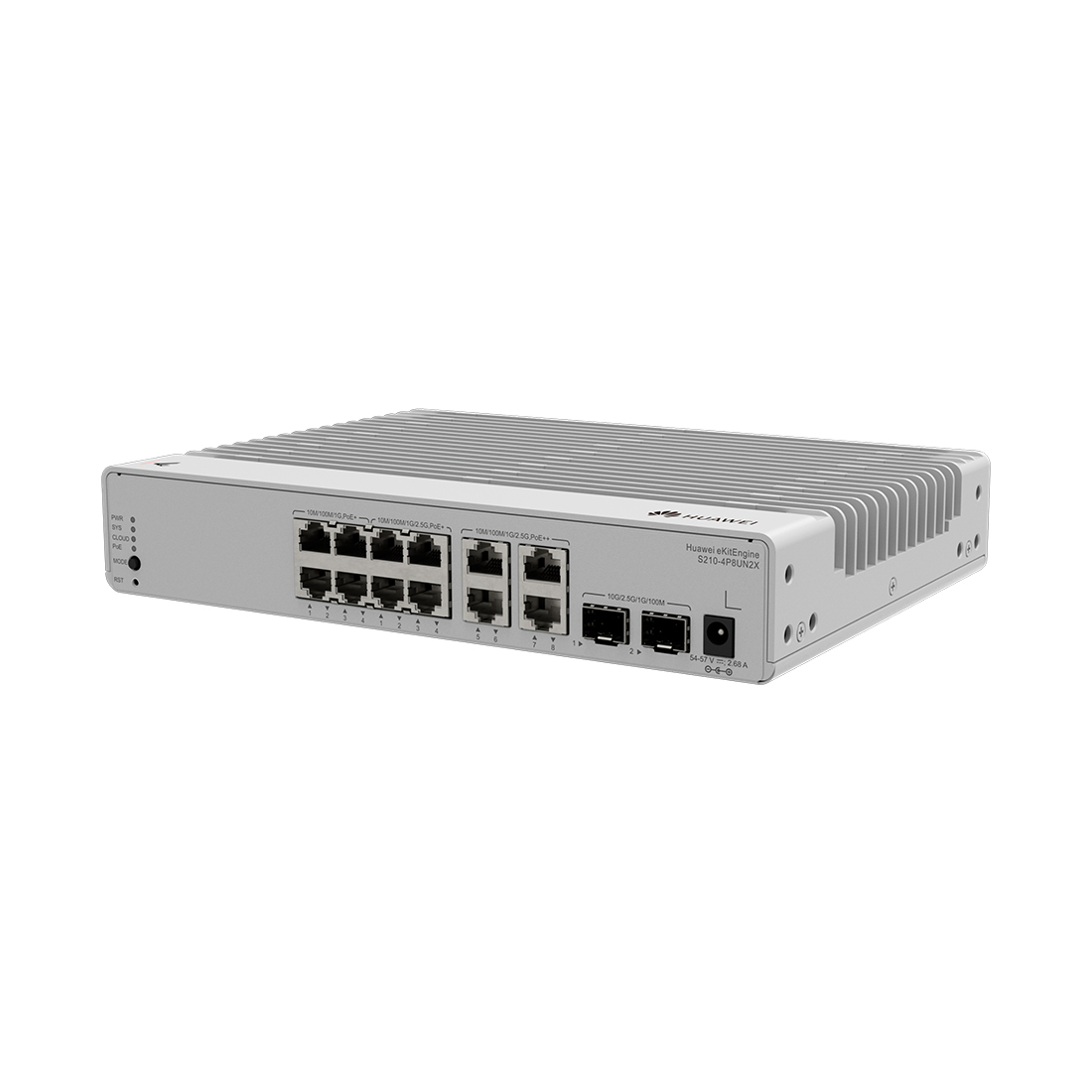 Коммутатор, Huawei, S210-4P8UN2X, Управляемый L2, 4GE RJ45 (PoE+), 82.5GE RJ45 (PoE+/PoE++), 210GE SFP+ uplink, VLAN, PoE 120W, fanless, стоечный 1U
