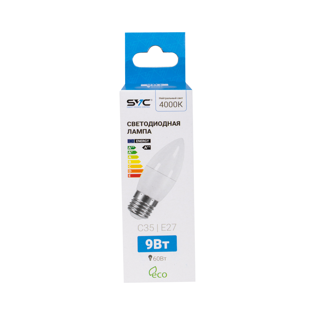 Лампа светодиодная, SVC, LED C35-9W-E27-4000K, Свеча, Мощность 9Вт, Тип колбы C35, Цвет. температура 4000K, Цоколь E27, Нейтральный