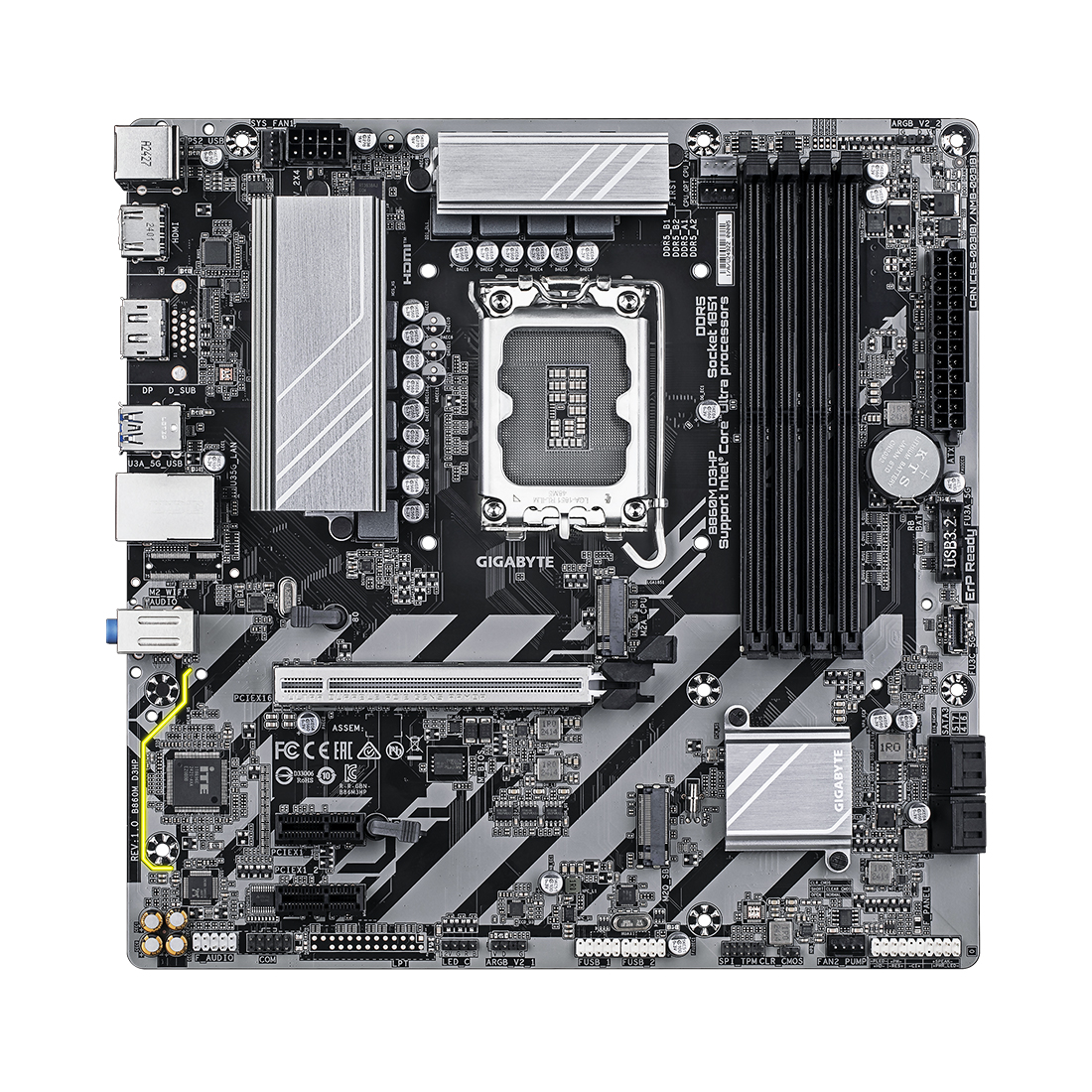 Материнская плата, Gigabyte, B860M D3HP (4719331866860), LGA1851, iB860, 4xDDR5 5600/6400/9066(OC), 4xSATA3, Raid, 2xM.2 (PCI-E 4.0x4/x2), 1хDP, 1xHDMI, 3xPCI-Ex16, mATX