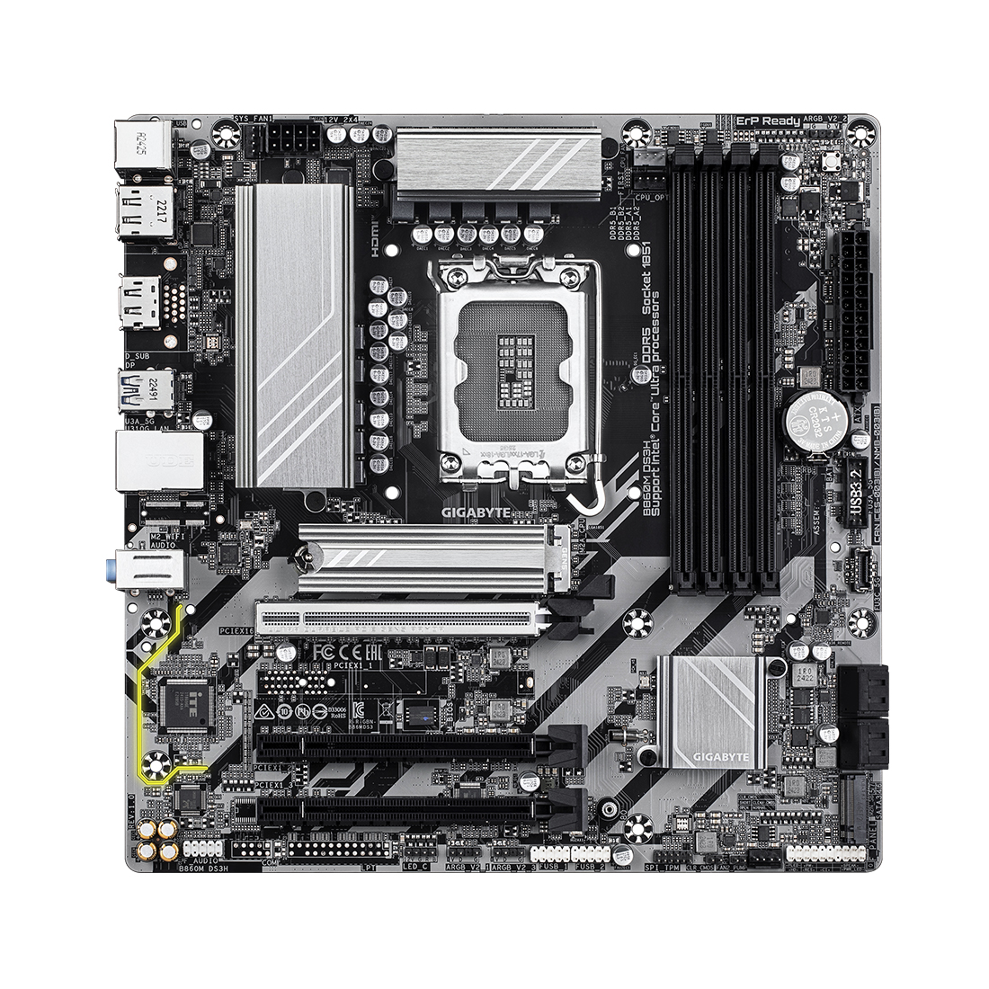 Материнская плата, Gigabyte, B860M DS3H (4719331866709), LGA1851, iB860, 4xDDR5 5600/6400/9066(OC), 4xSATA3, Raid, 2xM.2 (PCI-E 4.0x4/x2), 2хDP, 1xHDMI, 3xPCI-Ex16, ATX