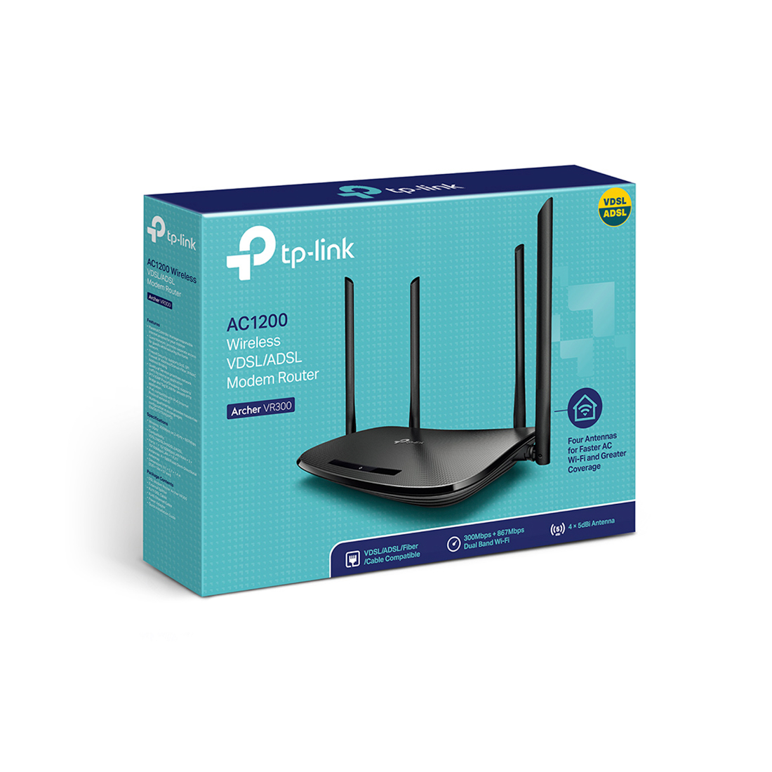 Модем, TP-Link, Archer VR300, до 300 Мбит на 2.4 ГГц, до 867 Мбит/с на 5 ГГц, 3 порта 10/100 Мбит/с RJ45,,1 порт LAN/WAN 10/100 Мбит/с (RJ45),1 порт RJ11