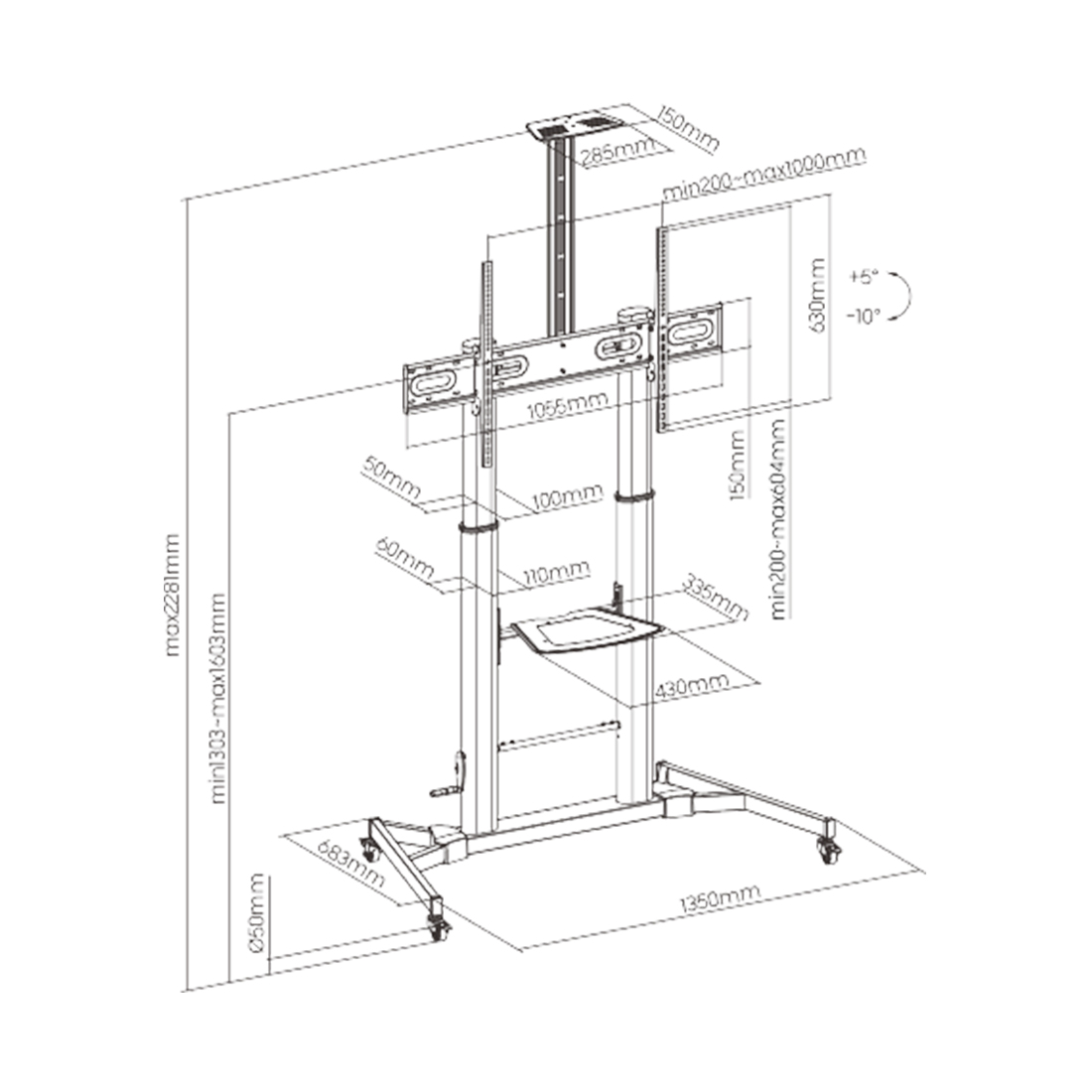 Стойка мобильная Brateck TTL03H-610TW 60"-100"