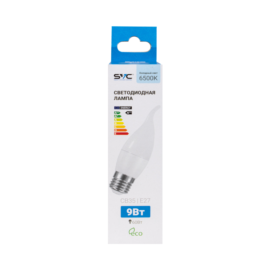 Лампа светодиодная, SVC, LED CB35-9W-E27-6500K, Свеча на ветру, Мощность 9Вт, Тип колбы CВ35, Цвет. температура 6500K, Цоколь E27, Холодный