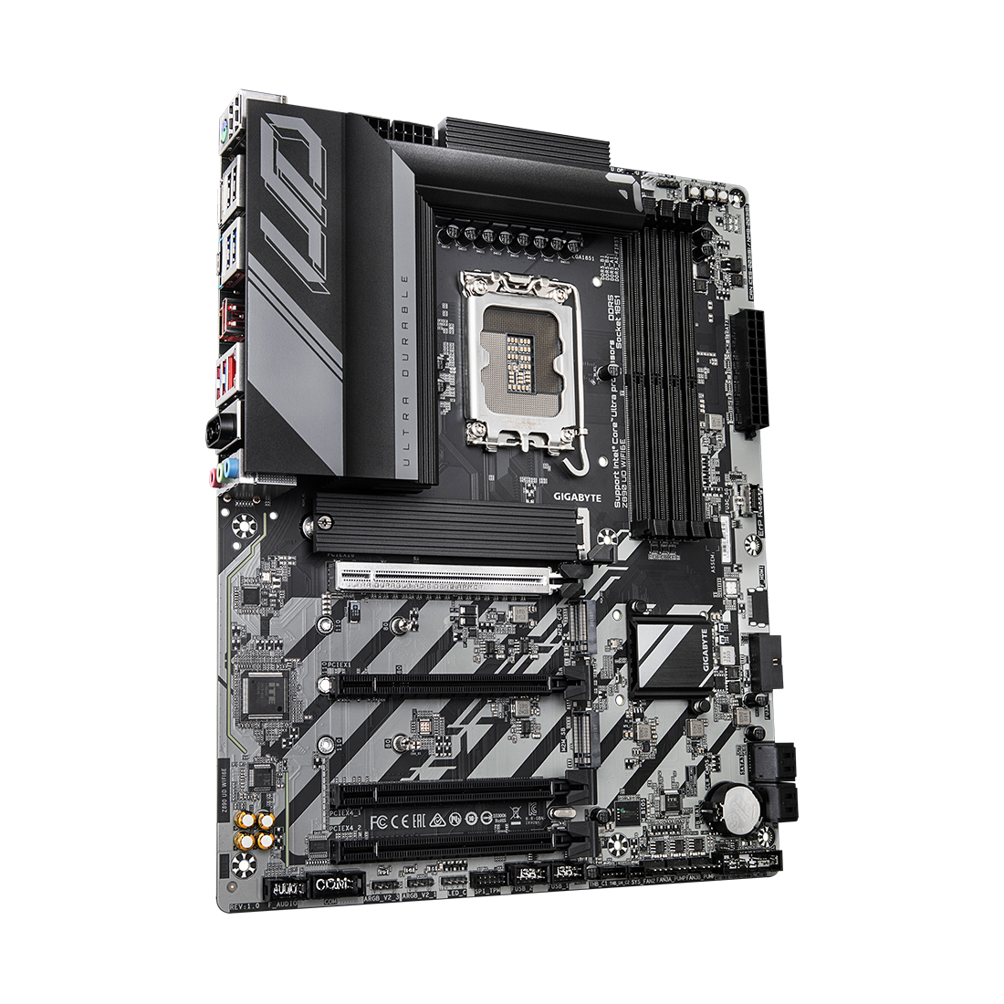 Материнская плата, Gigabyte, Z890 UD WIFI6E (4719331865313), LGA1851, iZ890, 4xDDR5 8800(OC)/6400/6200/6000/5800/5600, 4xSATA3, 3xM.2 (1*PCI-E 5.0x4/x2, 2*PCI-E 4.0x4/x2), Raid, 1*DP, 1*USB4® USB Type-C® port, 4xPCI-Ex16, WiFi, ATX