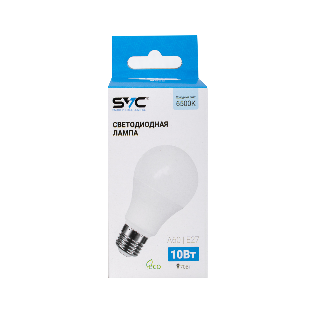Лампа светодиодная, SVC, LED A60-10W-E27-6500K, Мощность 10Вт, Тип колбы A60, Цвет. температура 6500K, Цоколь E27, Холодный