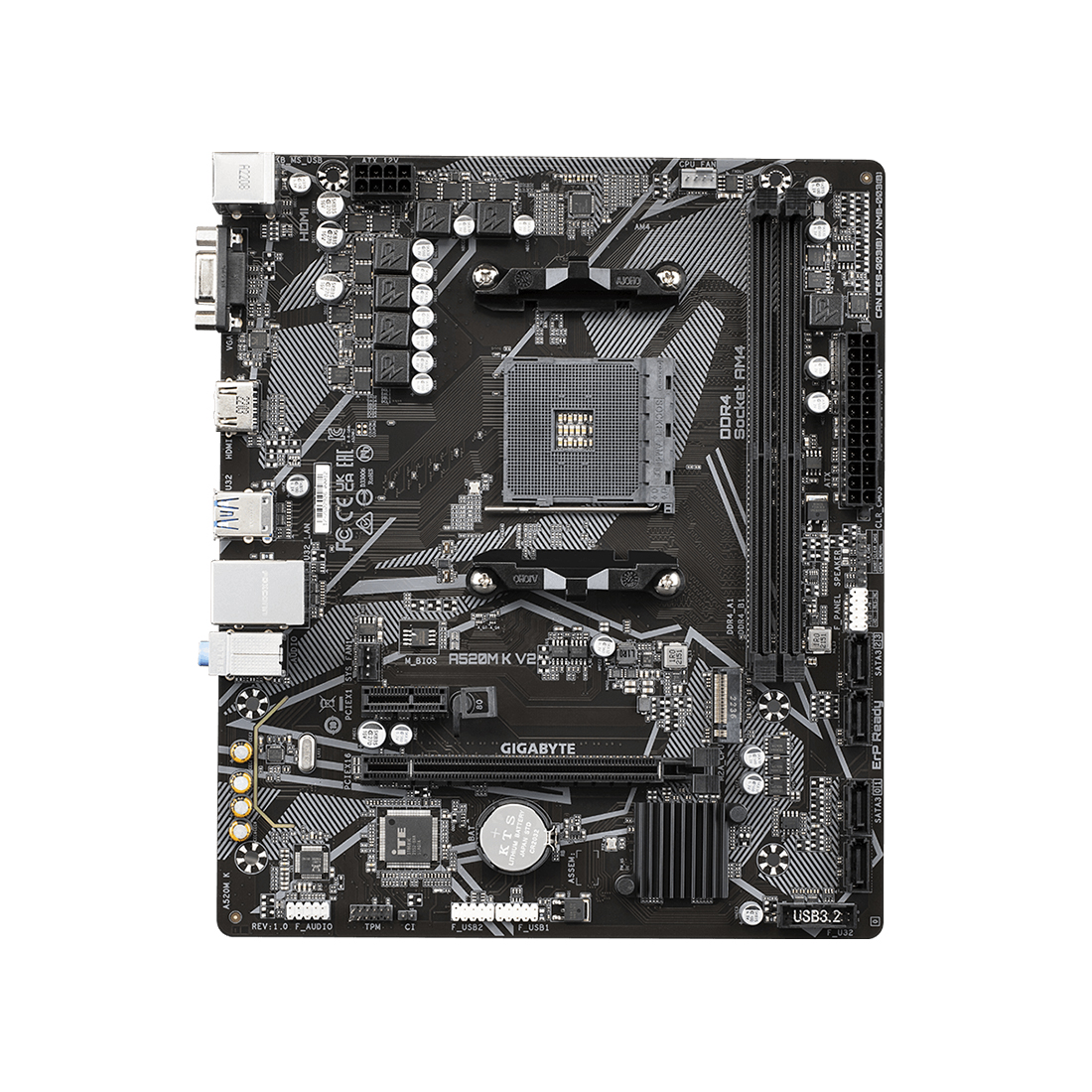 Материнская плата, Gigabyte, A520M K V2 (4719331852771), AM4, А520, 2xDDR4 2133/2400/2667/3200/5100(OC), 4xSATA3, 1xM.2 (PCIe 3.0 x4/x2 and SATA), Raid, 1xD-Sub, 1xHDMI, 1xPCI-Ex16, 1xPCI-Ex1, mATX