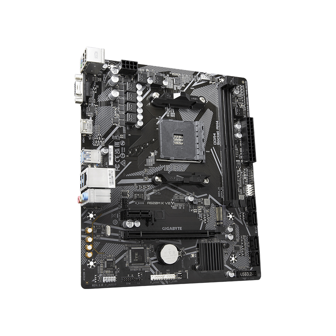 Материнская плата, Gigabyte, A520M K V2 (4719331852771), AM4, А520, 2xDDR4 2133/2400/2667/3200/5100(OC), 4xSATA3, 1xM.2 (PCIe 3.0 x4/x2 and SATA), Raid, 1xD-Sub, 1xHDMI, 1xPCI-Ex16, 1xPCI-Ex1, mATX