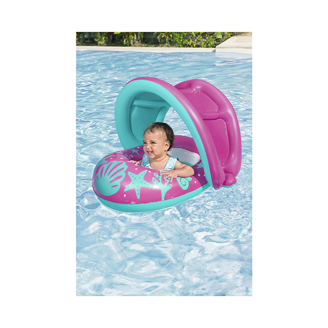 Надувная лодочка Splash Star Shaded 80 х 85 см, BESTWAY, 34091, Винил, 1-2 года, С надувным съемным тентом и отверстиями для ног, Синий/розовый в ассортименте, Цветная коробка