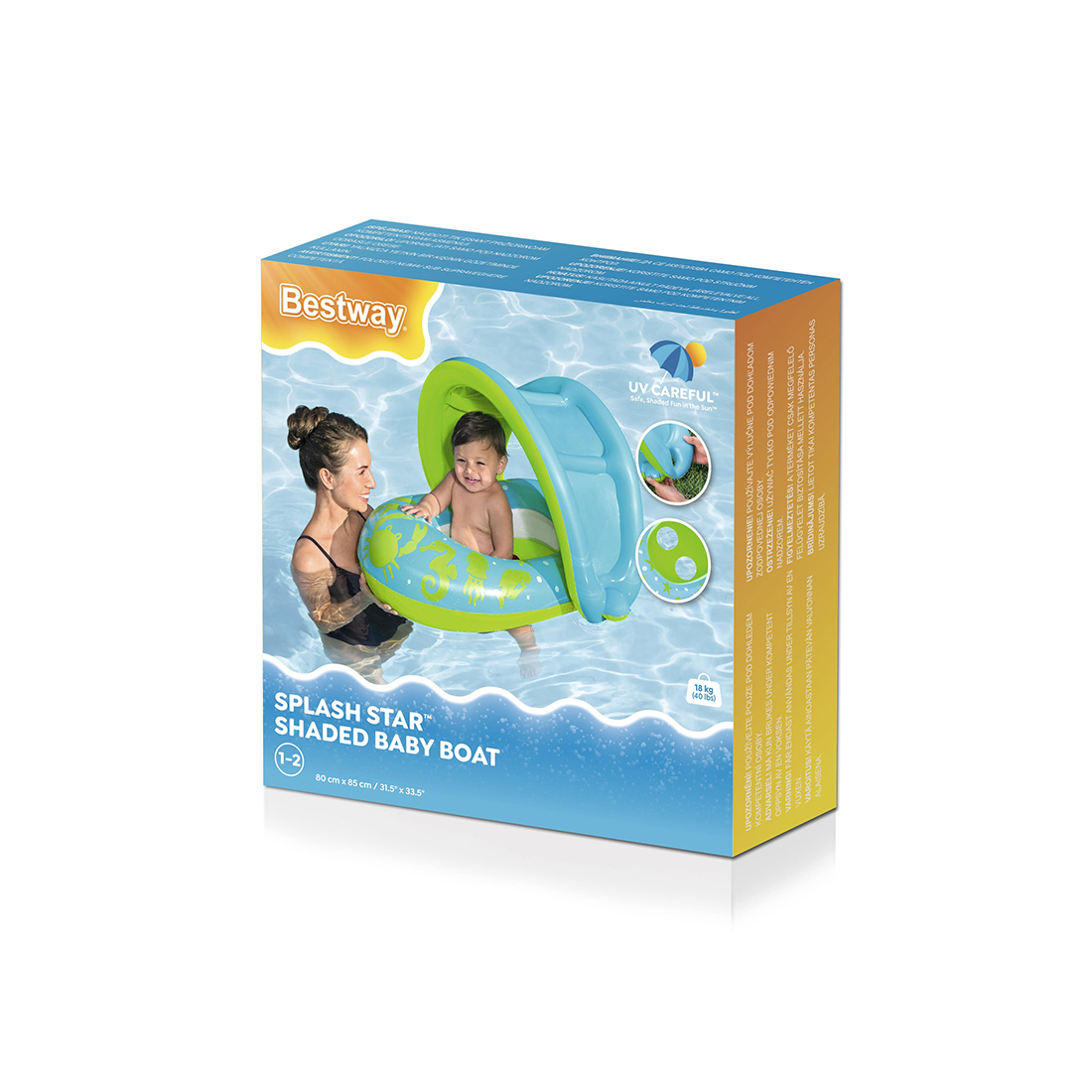 Надувная лодочка Splash Star Shaded 80 х 85 см, BESTWAY, 34091, Винил, 1-2 года, С надувным съемным тентом и отверстиями для ног, Синий/розовый в ассортименте, Цветная коробка