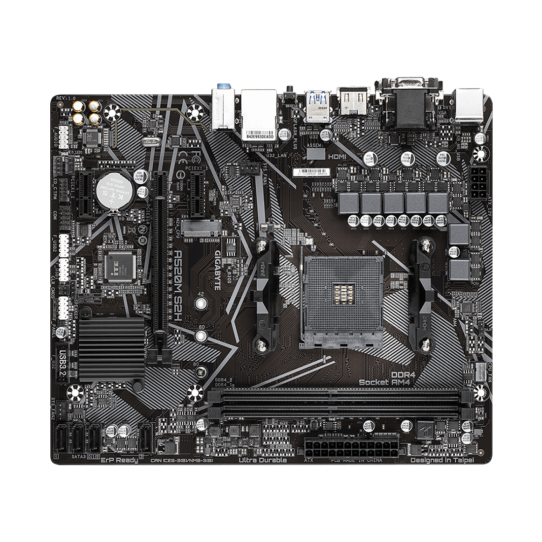 Материнская плата, Gigabyte, A520M S2H (4719331809720), AM4, А520, 2xDDR4 2133/2400/2667/3200/5100(OC), 4xSATA3, 1xM.2 (PCIe 3.0 x2/x4 и SATA), 1xDVI-D, 1xHDMI, 1xD-Sub, 1xPCI-Ex16, 2xPCI-Ex1, mATX