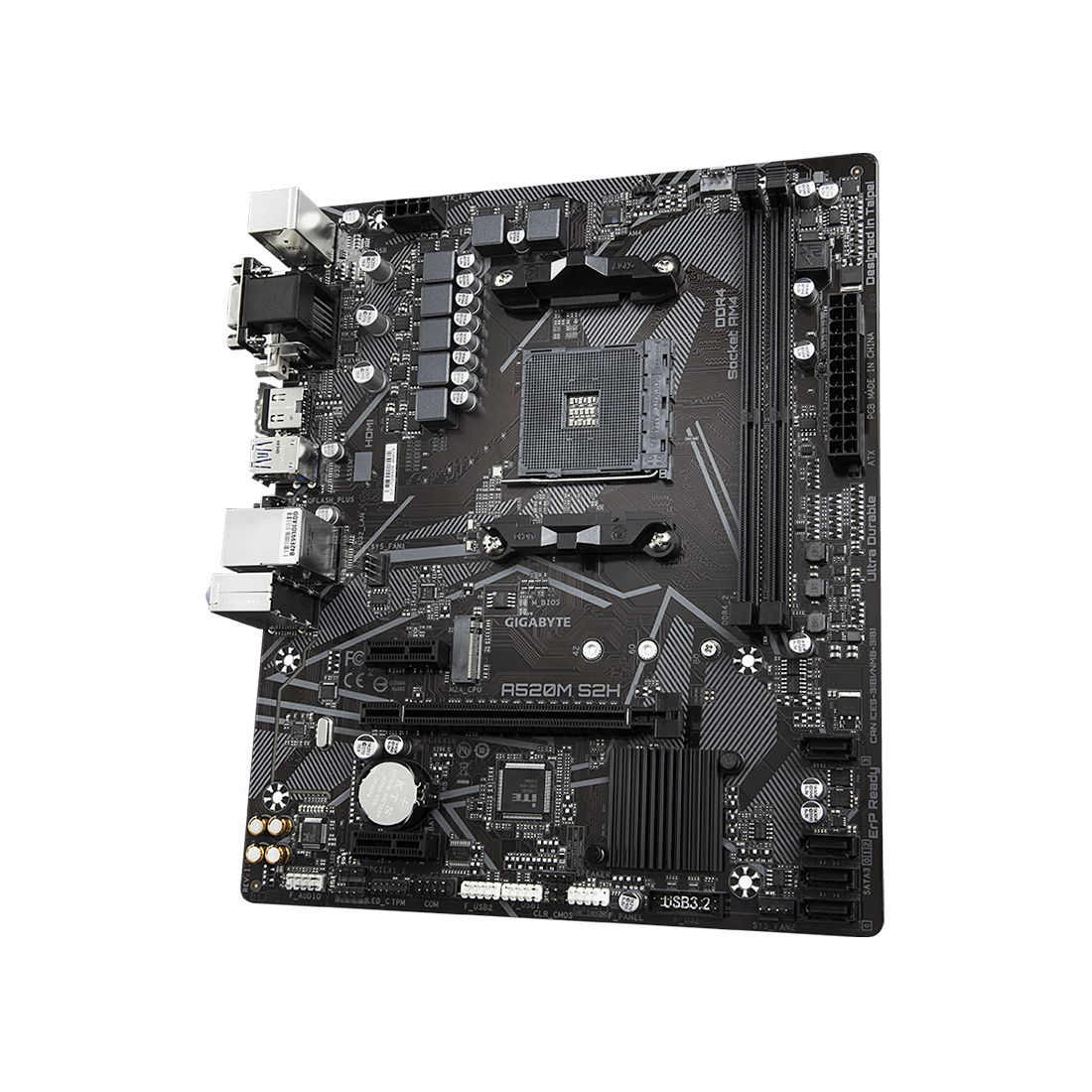 Материнская плата, Gigabyte, A520M S2H (4719331809720), AM4, А520, 2xDDR4 2133/2400/2667/3200/5100(OC), 4xSATA3, 1xM.2 (PCIe 3.0 x2/x4 и SATA), 1xDVI-D, 1xHDMI, 1xD-Sub, 1xPCI-Ex16, 2xPCI-Ex1, mATX