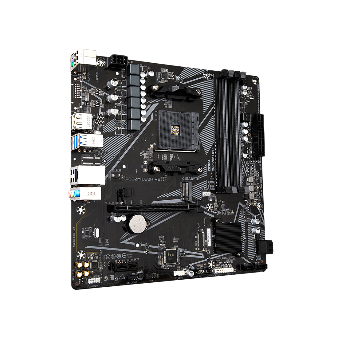 Материнская плата, Gigabyte, A520M DS3H V2 (4719331854690), AM4, А520, 4xDDR4 2400/2667/3200/4733(OC), 4xSATA3, 1xM.2 (PCIe 3.0 x4/x2), 1xHDMI, 1xDP, 1xPCI-Ex16, 1xPCI-Ex1, mATX