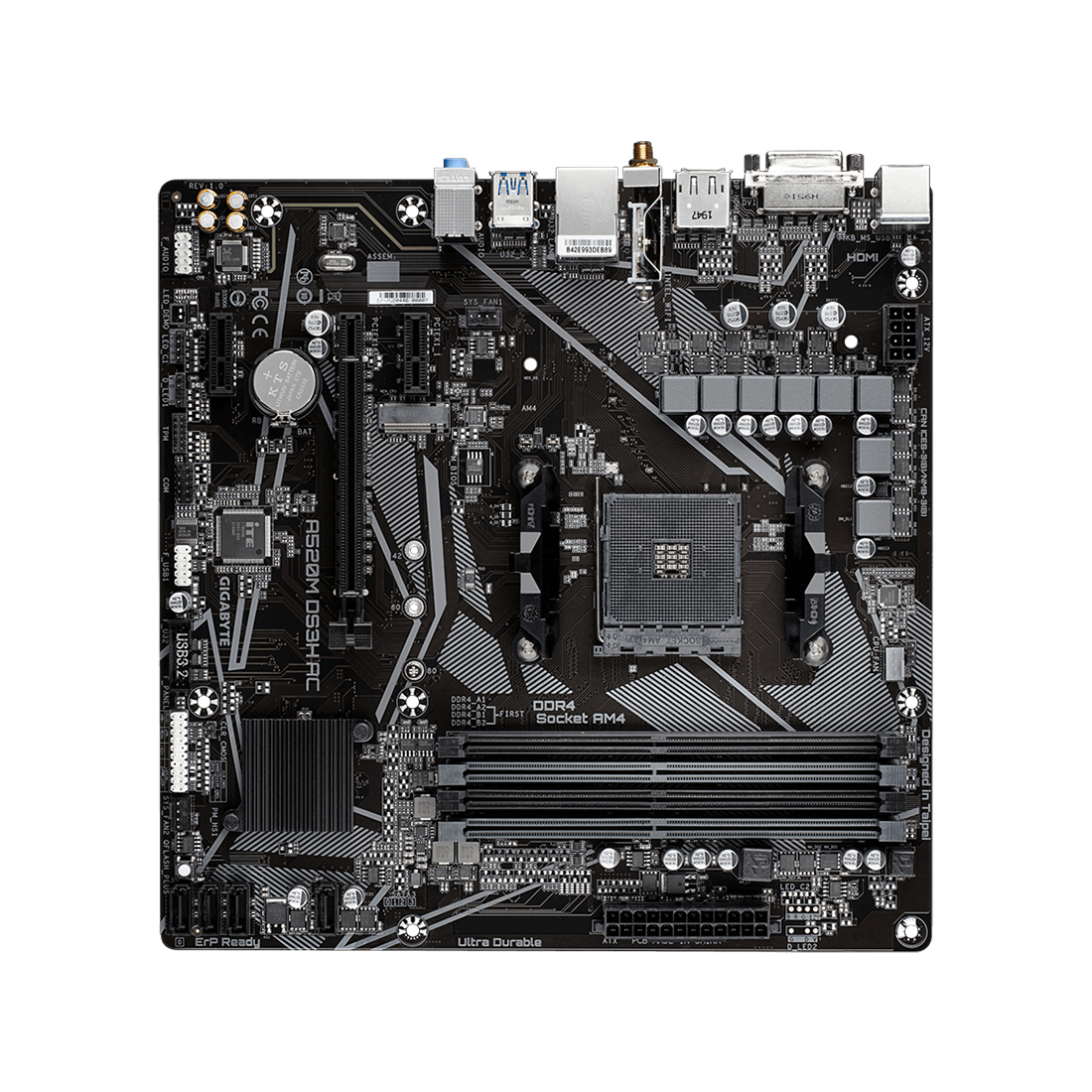 Материнская плата, Gigabyte, A520M DS3H AC (4719331810696), AM4, А520, 4xDDR4 3200, 4xSATA3, 1xM.2 (SATA и PCIe 3.0 x2/x4), 1xDVI-D, 1xHDMI, 1xDP, 1xPCI-Ex16, 2xPCI-Ex1, WiFi, mATX
