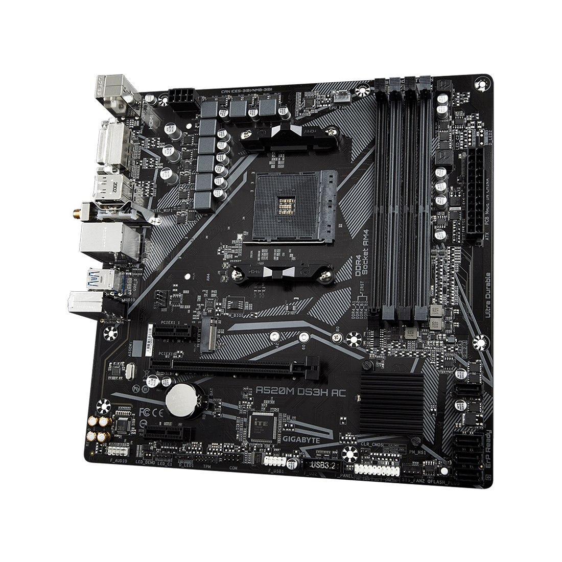 Материнская плата, Gigabyte, A520M DS3H AC (4719331810696), AM4, А520, 4xDDR4 3200, 4xSATA3, 1xM.2 (SATA и PCIe 3.0 x2/x4), 1xDVI-D, 1xHDMI, 1xDP, 1xPCI-Ex16, 2xPCI-Ex1, WiFi, mATX