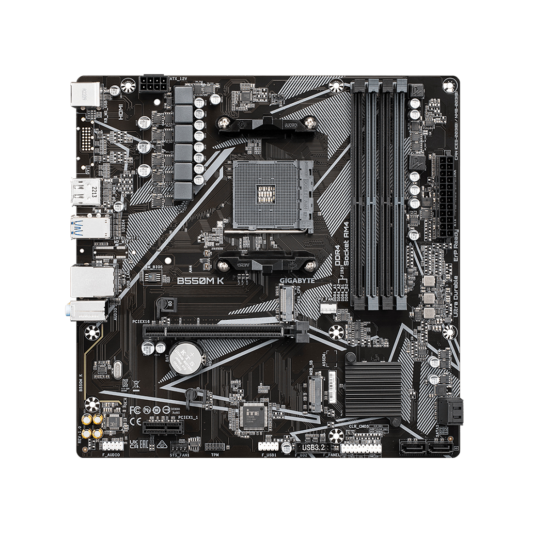 Материнская плата, Gigabyte, B550M K (4719331852764), AM4, B550, 4xDDR4 2400/2667/3200, 4xSATA3, 2xM.2 (1*PCIe 4.0 x4/x2 и SATA, 1*PCIe 3.0 x2), 1xHDMI, 1хDP, 1xPCI-Ex16, 1xPCI-Ex1, mATX