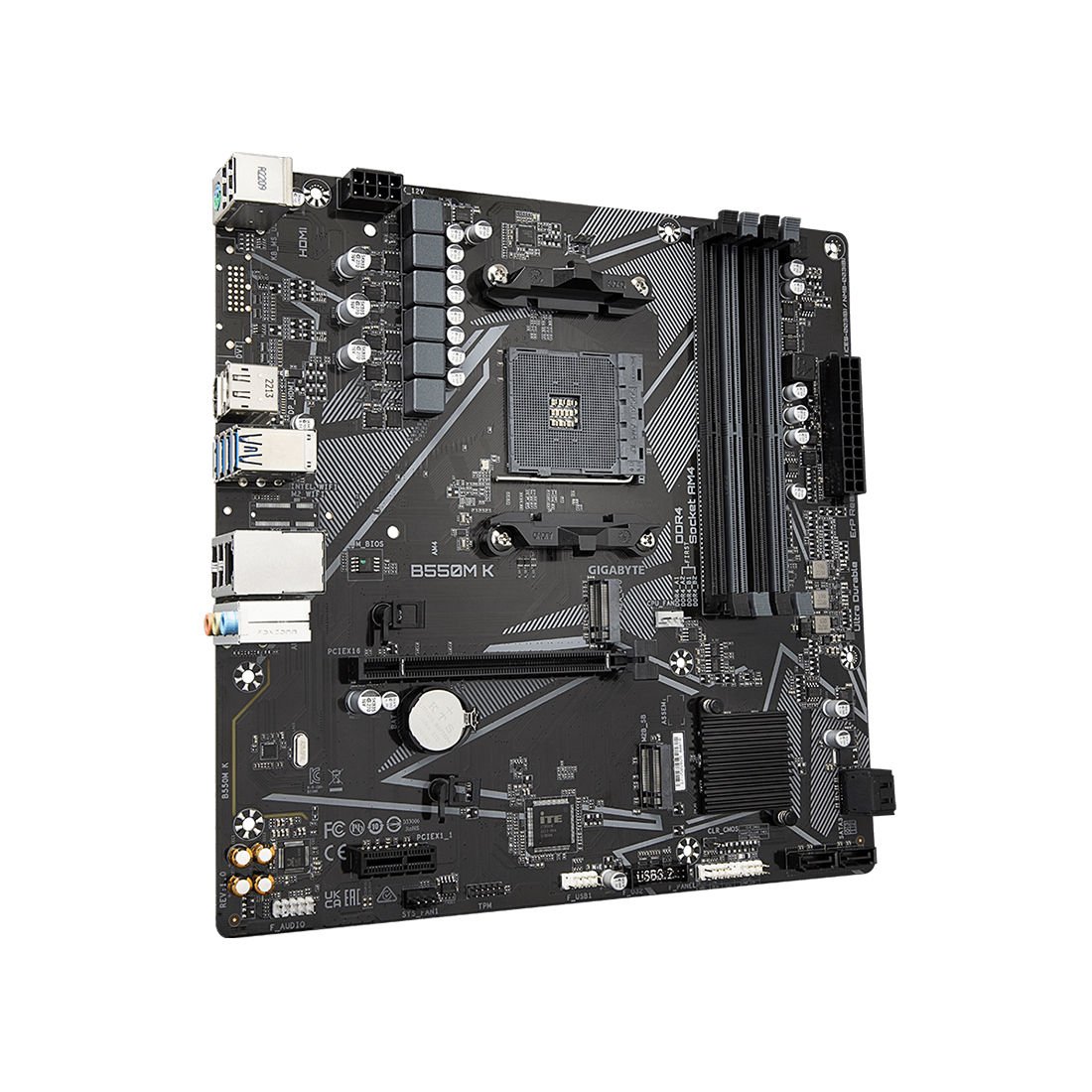Материнская плата, Gigabyte, B550M K (4719331852764), AM4, B550, 4xDDR4 2400/2667/3200, 4xSATA3, 2xM.2 (1*PCIe 4.0 x4/x2 и SATA, 1*PCIe 3.0 x2), 1xHDMI, 1хDP, 1xPCI-Ex16, 1xPCI-Ex1, mATX