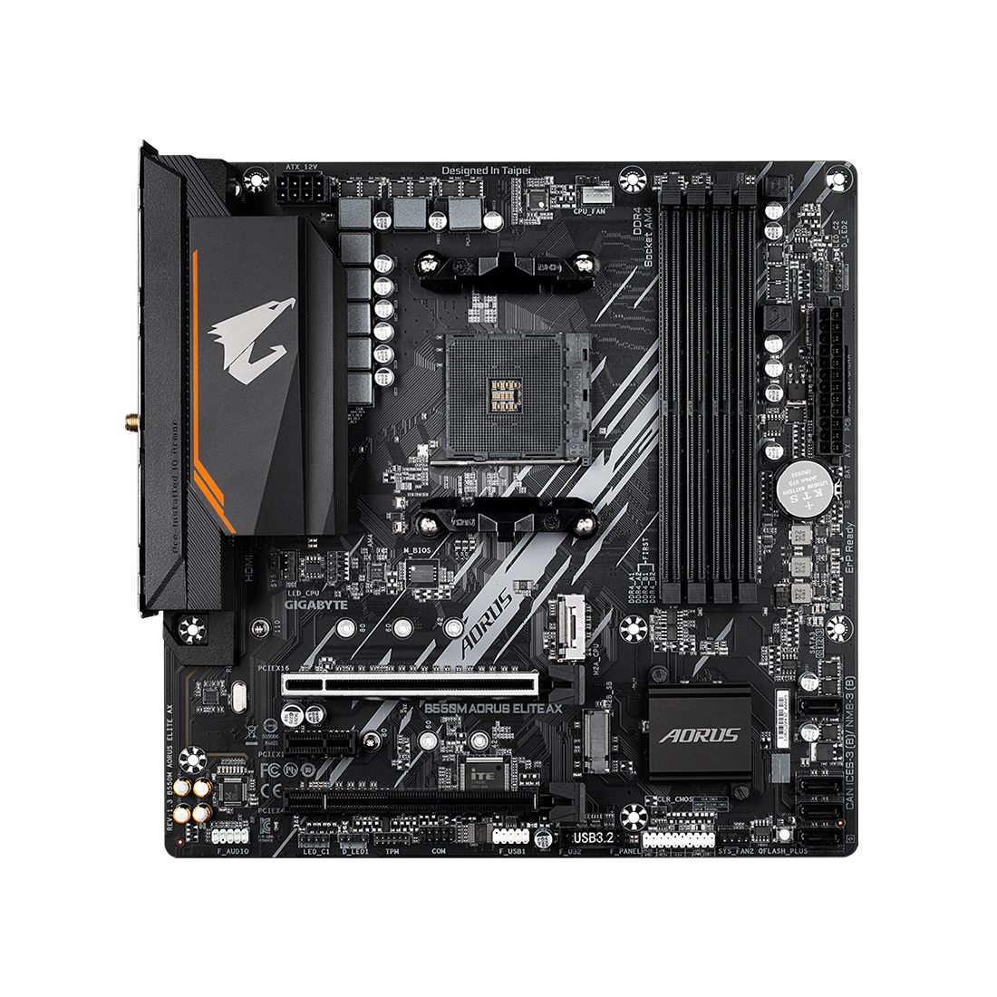 Материнская плата, Gigabyte, B550M AORUS ELITE AX (4719331855055), AM4, B550, 4xDDR4 3200/4733(OC), 4xSATA3, 2xM.2 (1*PCIe 3.0 x2 & SATA, 1*PCIe 4.0 x4/x2 & SATA), RAID, 1xHDMI, 1хDVI-D, 2xPCI-Ex16, 1xPCI-Ex1, WiFi, mATX