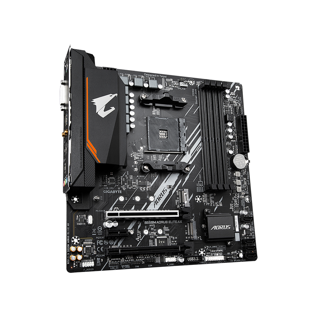 Материнская плата, Gigabyte, B550M AORUS ELITE AX (4719331855055), AM4, B550, 4xDDR4 3200/4733(OC), 4xSATA3, 2xM.2 (1*PCIe 3.0 x2 & SATA, 1*PCIe 4.0 x4/x2 & SATA), RAID, 1xHDMI, 1хDVI-D, 2xPCI-Ex16, 1xPCI-Ex1, WiFi, mATX