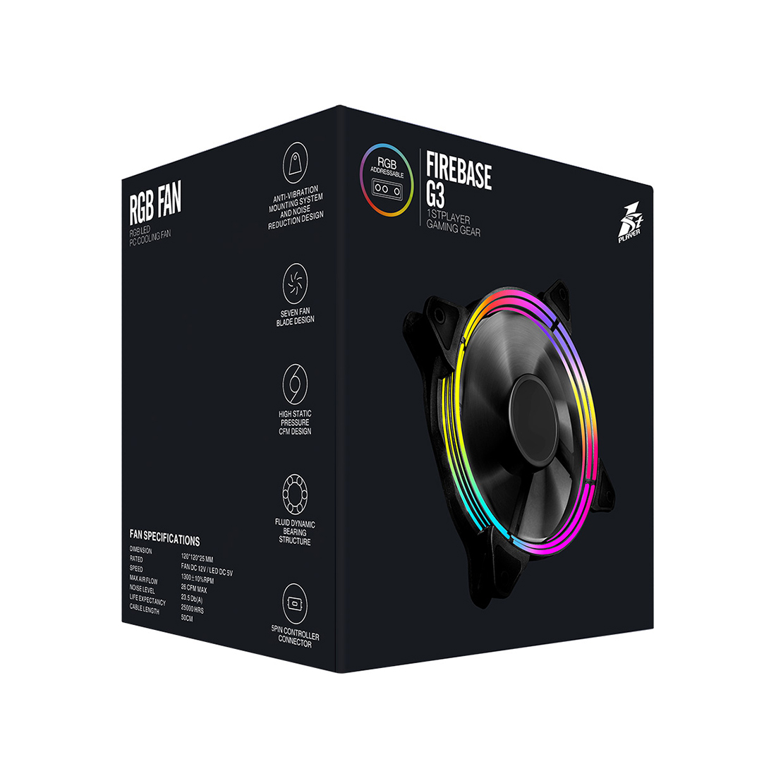 Комплект кулеров для кейса, 1STPLAYER, FIREBASE G-3 COMBO, 3х120мм, 1500 об/мин, 34.15CFM, 30.54dB(A), 5-pin, 120*120*25 мм, Черный