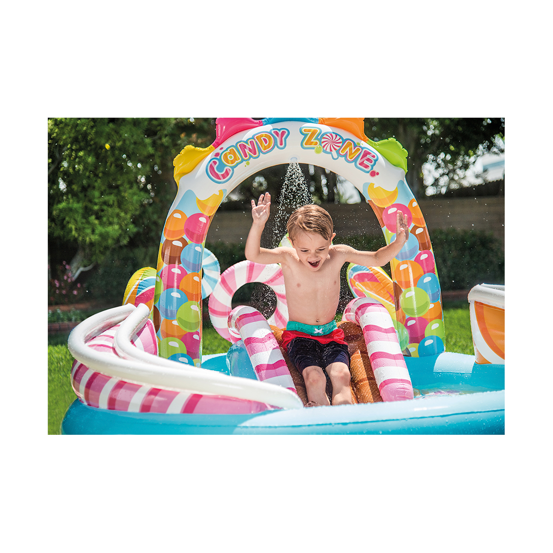 Детский надувной игровой бассейн Candy Zone 295 х 191 x 130 см, INTEX, 57149NP, Винил, 206+168л., 2+, Горка, Разбрызгиватель воды, 2 гиганских леденца, Шарики, Голубой, Цветная коробка