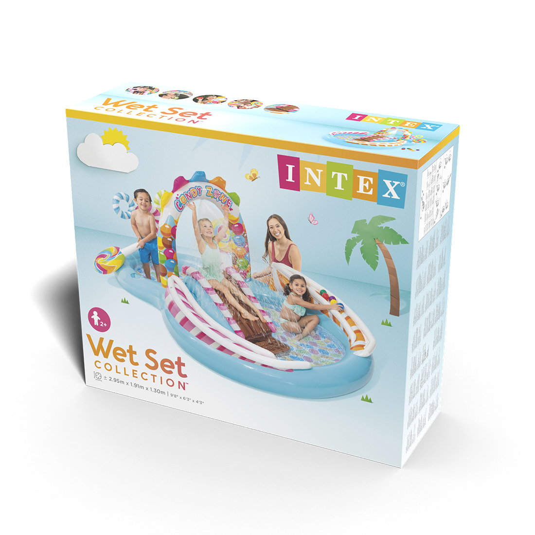 Детский надувной игровой бассейн Candy Zone 295 х 191 x 130 см, INTEX, 57149NP, Винил, 206+168л., 2+, Горка, Разбрызгиватель воды, 2 гиганских леденца, Шарики, Голубой, Цветная коробка