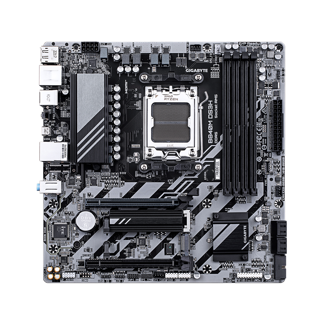 Материнская плата, Gigabyte, B840M DS3H (4719331868437), AM5, B840, 4xDDR5 4400/4800/5200/8200(OC), 4xSATA3, Raid, 2xM.2 (PCI-E 4.0x4/x2), 2хDP, 1xHDMI, 2xPCI-Ex16, mATX