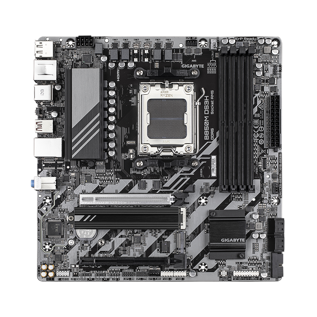 Материнская плата, Gigabyte, B850M DS3H (4719331866518), AM5, B850, 4xDDR5 4400/4800/5200/8200(OC), 4xSATA3, 2xM.2 (PCIe 4.0 x4/x2), RAID, 1xHDMI, 2хDP, 2xPCI-Ex16, mATX
