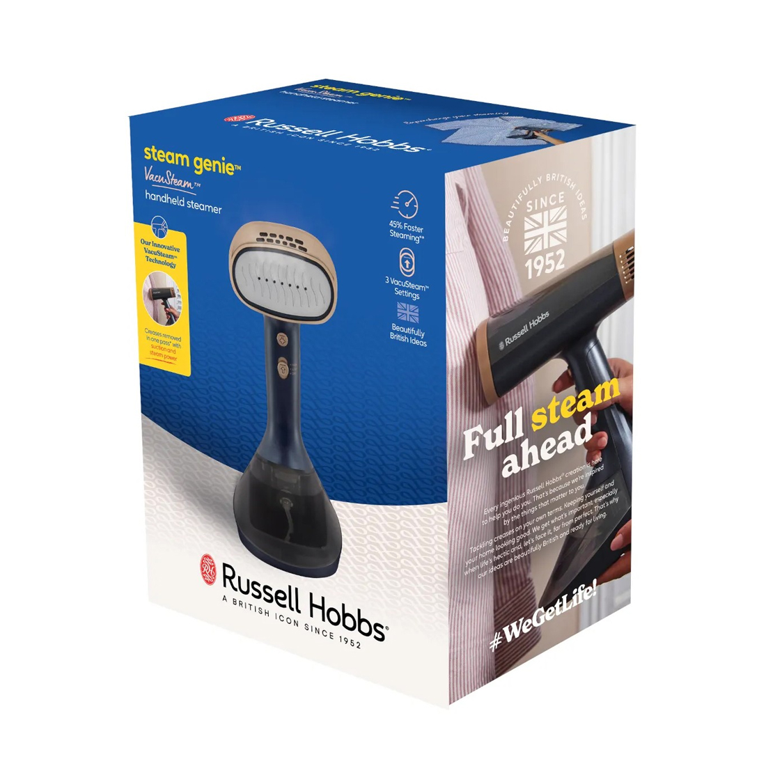 Отпариватель ручной, Russell Hobbs, 28550-56, Мощность 1500 Вт, Объем 0.2 л, Время непрерывной работы 7 мин, Время нагрева 40 сек, Синий/Золотой