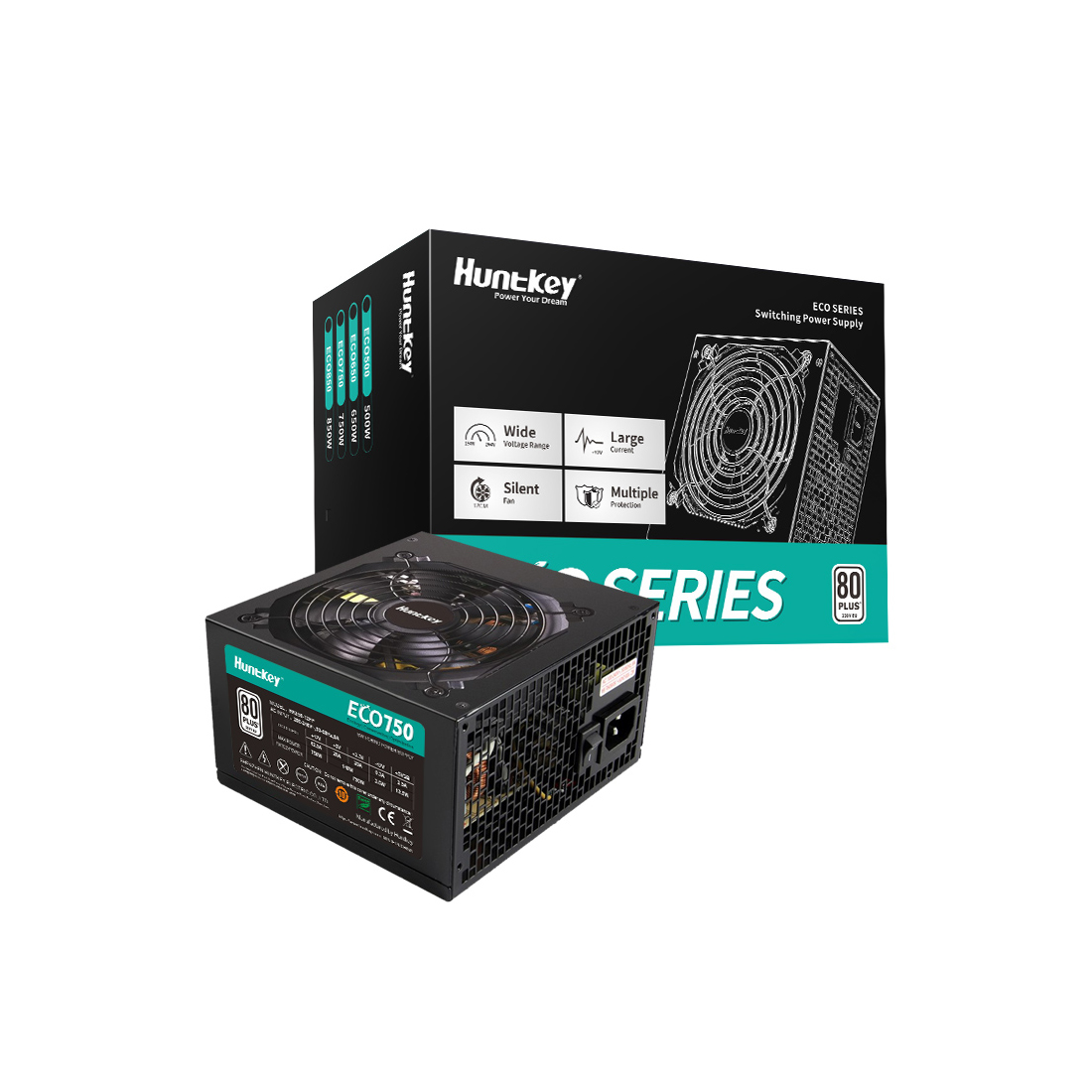 Блок питания, Huntkey, ECO750, 750W, ATX, APFC, 20+4 pin, 2*4+4pin, 3*Sata, 3*Molex, 2*PCI-E 6+2 pin, Вентилятор 12см, Кабель питания, Чёрный