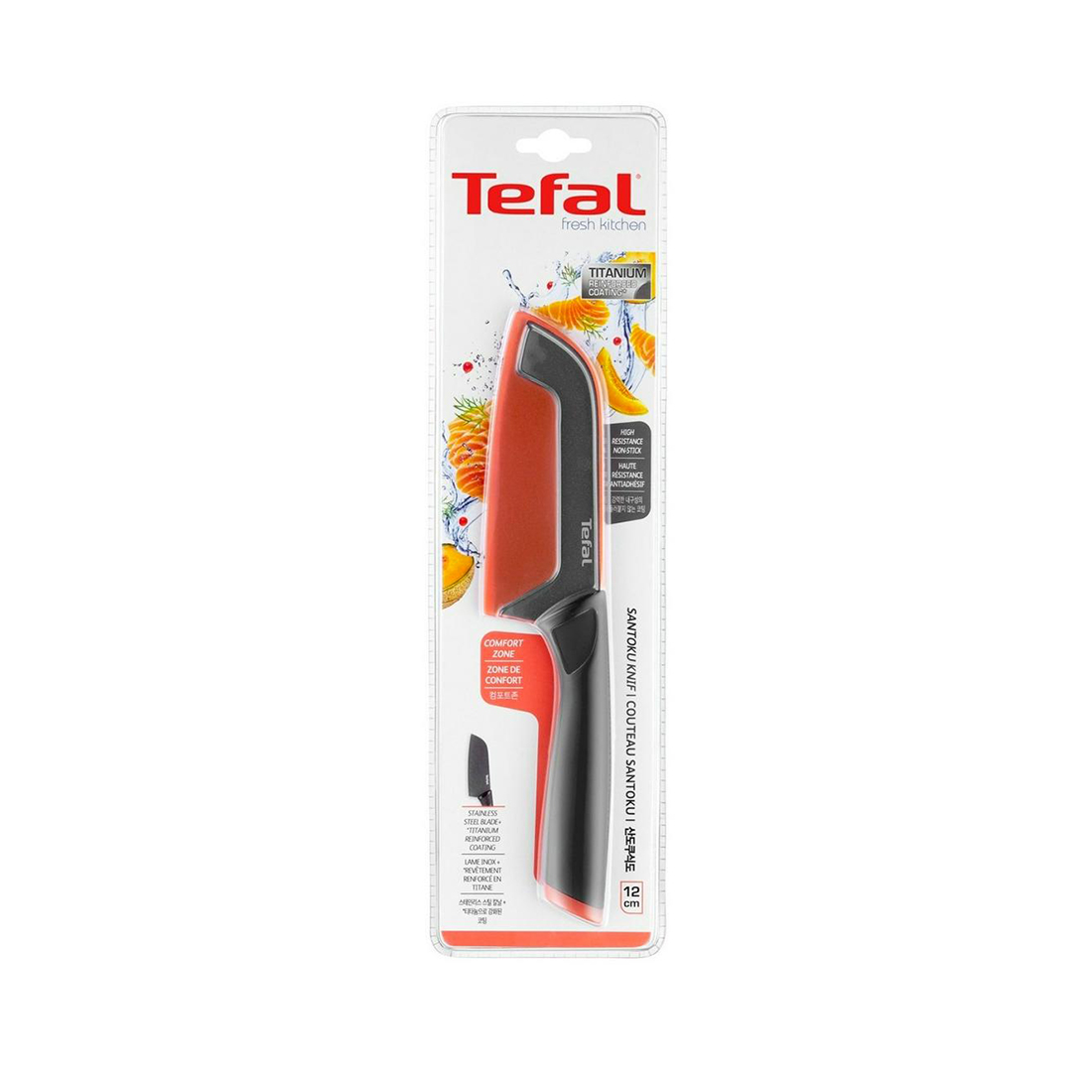 Нож сантоку Tefal Fresh Kitchen K1220104, 12 см, нержавеющая сталь с титановым покрытием, серый-оранжевый