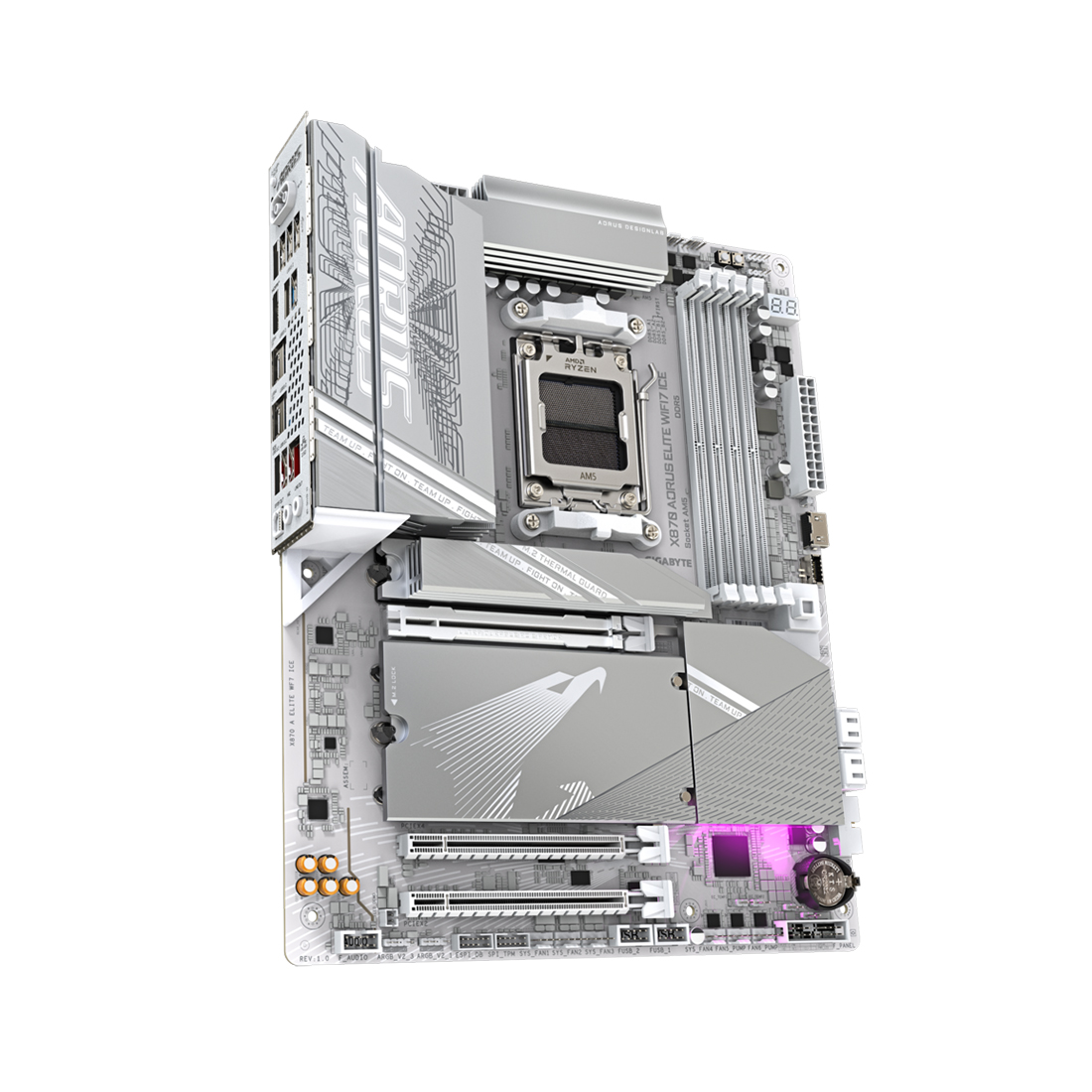 Материнская плата, Gigabyte, X870 AORUS ELITE WIFI7 ICE (4719331864682), AM5, X870, 4xDDR5 4400/4800/5200/8000(OC), 4xSATA3, 4xM.2 (PCIe 4.0 x4/x2), Raid, 1xHDMI, 2xUSB4 Type-C®, 3xPCI-Ex16, Wi-Fi, ATX