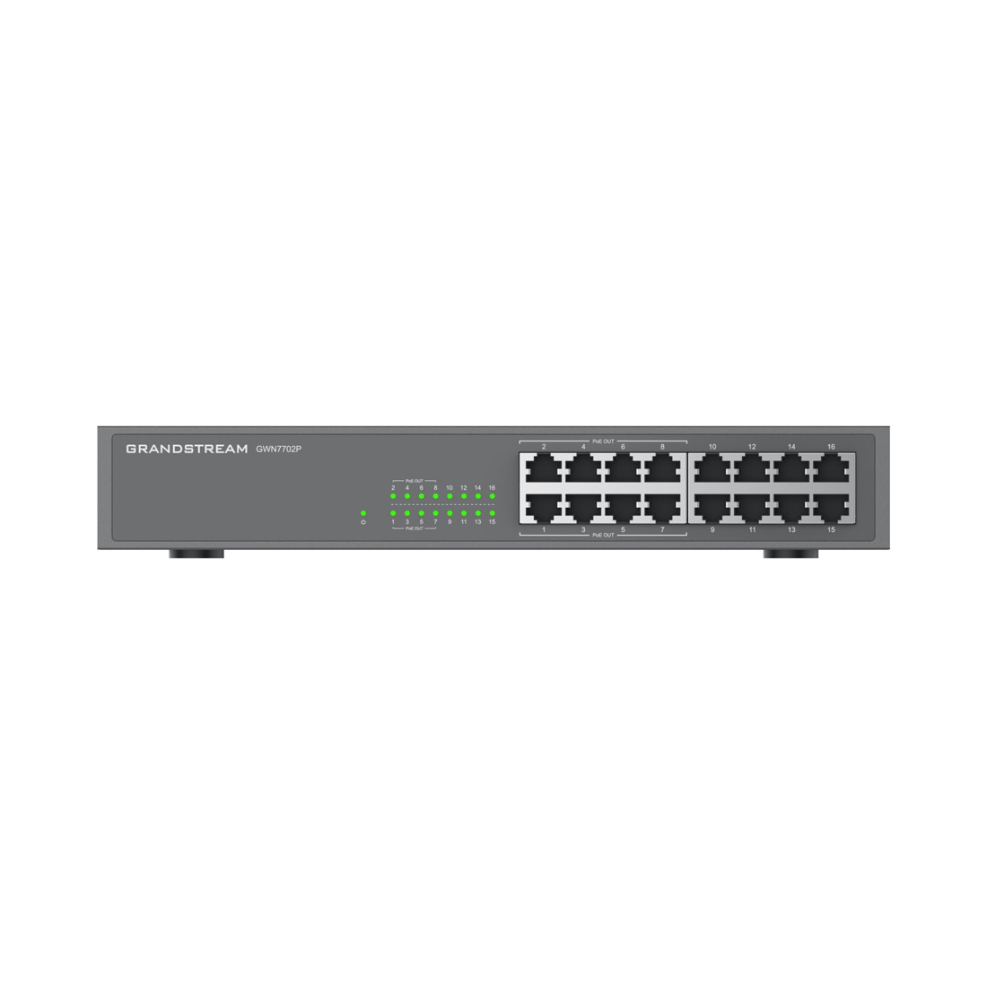 Коммутатор, Grandstream, GWN7702P, Неуправляемый, 16 портов RJ-45 10/100/1000 Мбит/с, 8 портов PoE 802.3 af/at, бюджет РоЕ: 138 Вт, Настольный/в стойку, корпус металлический