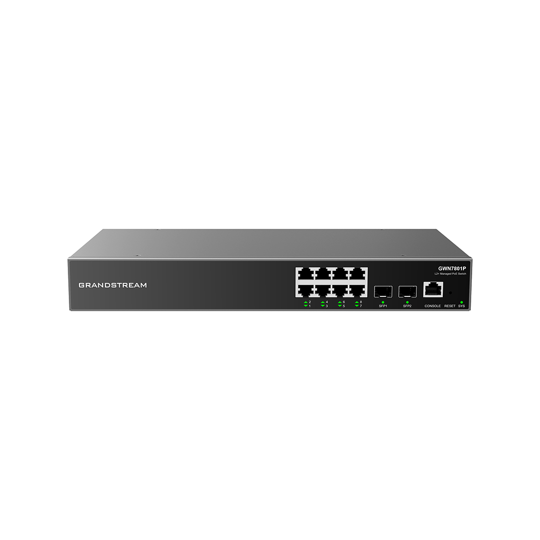 Коммутатор, Grandstream, GWN7801P, Управляемый L2+, 8x GbE RJ45 PoE 802.3 af/at, 120W, 2x SFP, стоечный
