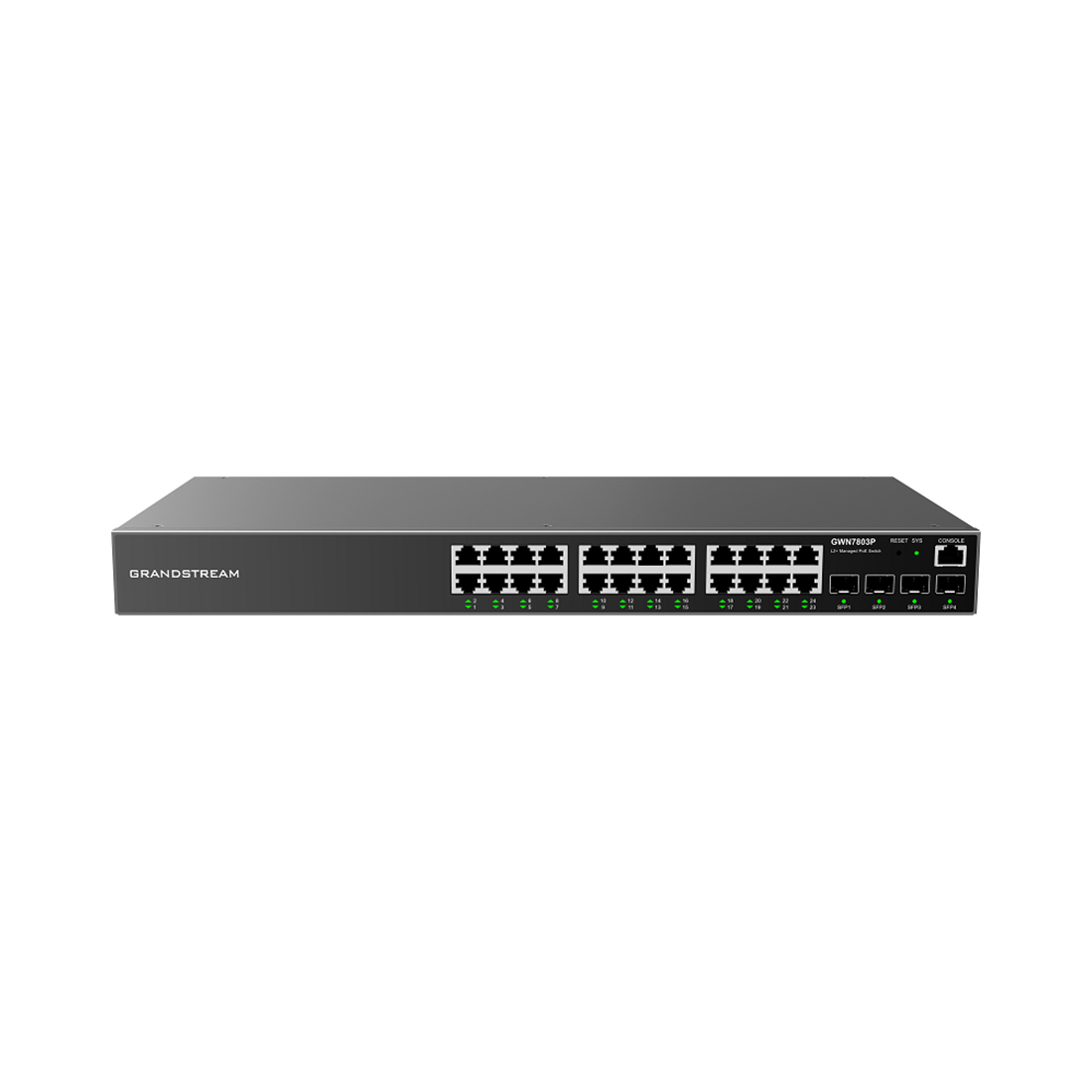 Коммутатор, Grandstream, GWN7803P, Управляемый L2+, 24x GbE RJ45 PoE 802.3 af/at, 370W, 4x SFP, стоечный
