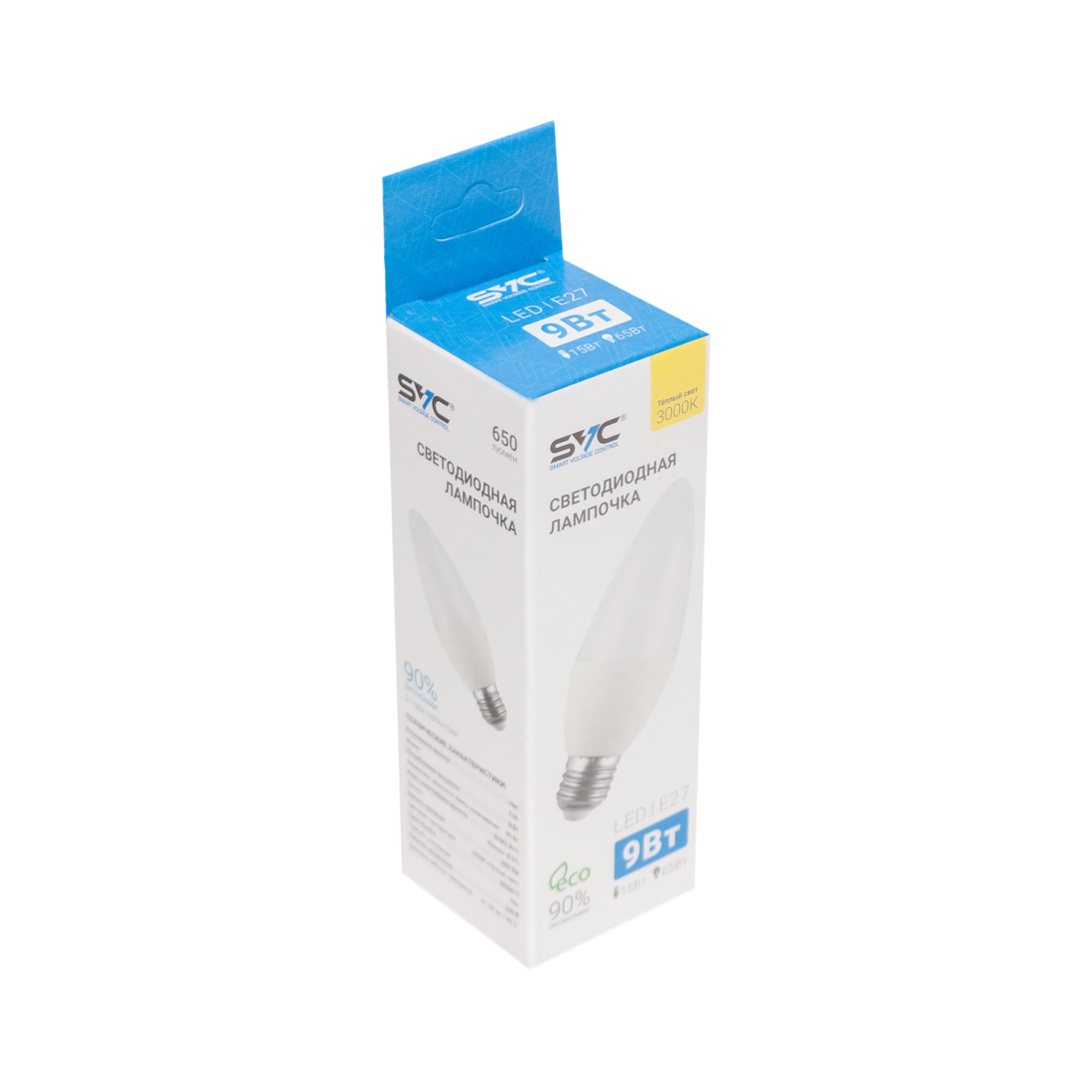 Эл. лампа светодиодная, SVC, LED C35-9W-E27-3000K, Мощность 9Вт, Тип колбы C35, Цвет. Температура 3000K, Цоколь E27, Тёплый