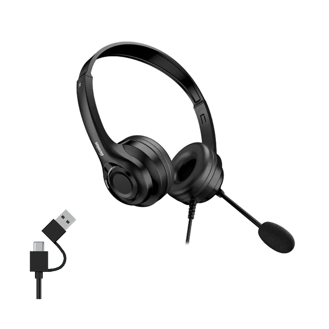 Гарнитура, Genius, HS-235U AI, Регулируемое оголовье, USB-A, USB-C, 32 , Микрофон, 20 Гц – 20 кГц, Регулировка громкости, Длина кабеля 2.4 м, Черный