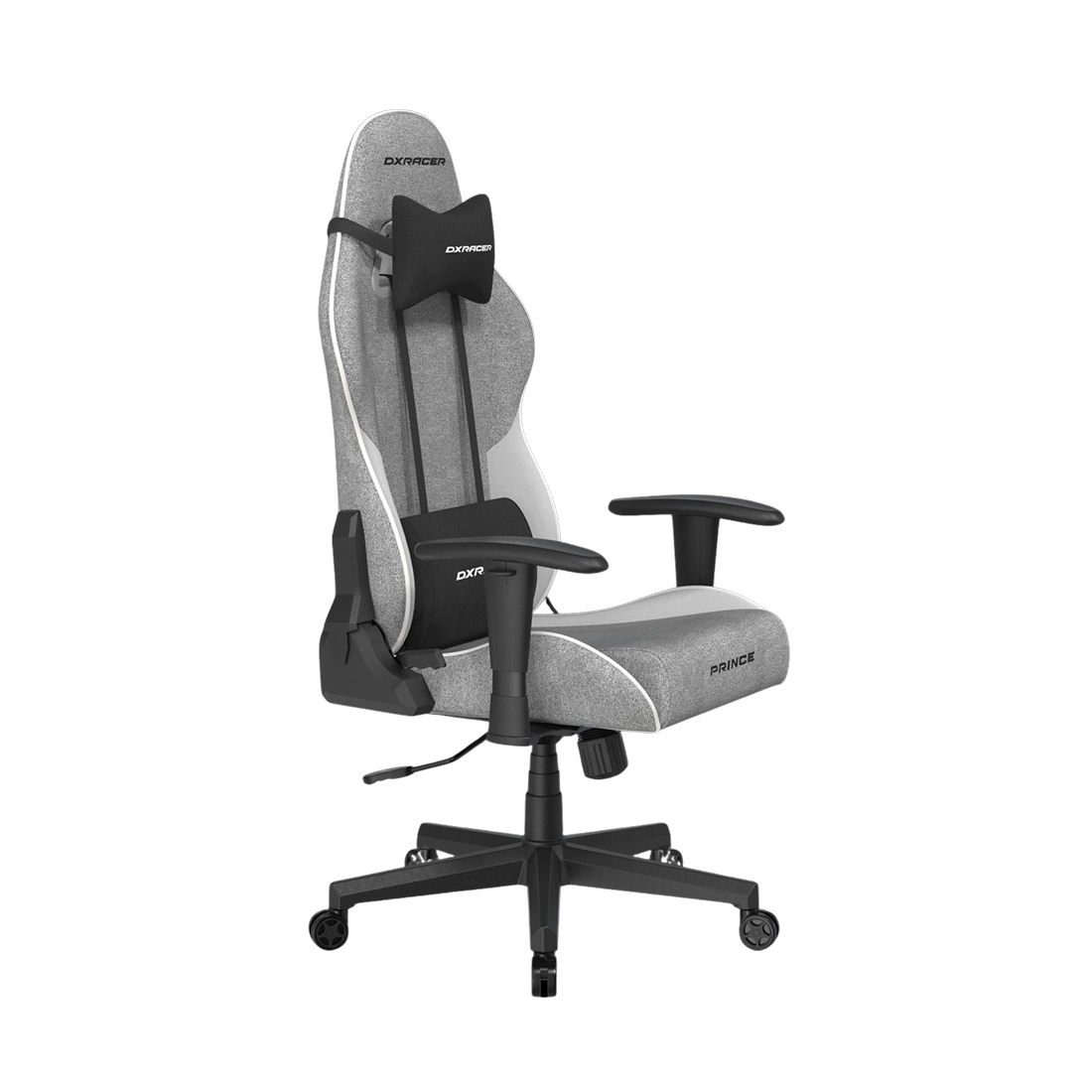 Игровое компьютерное кресло, DX Racer, GC/LPF24FBCFBB/GW.G, Prince series, Рекомендуемый рост: до 180 см, Рекомендуемый вес: до 90 кг, Ткань, Угол наклона до 135°, 2D подлокотники, Нейлоновая основа кресла, Механизм качания: топ-ган, Серый