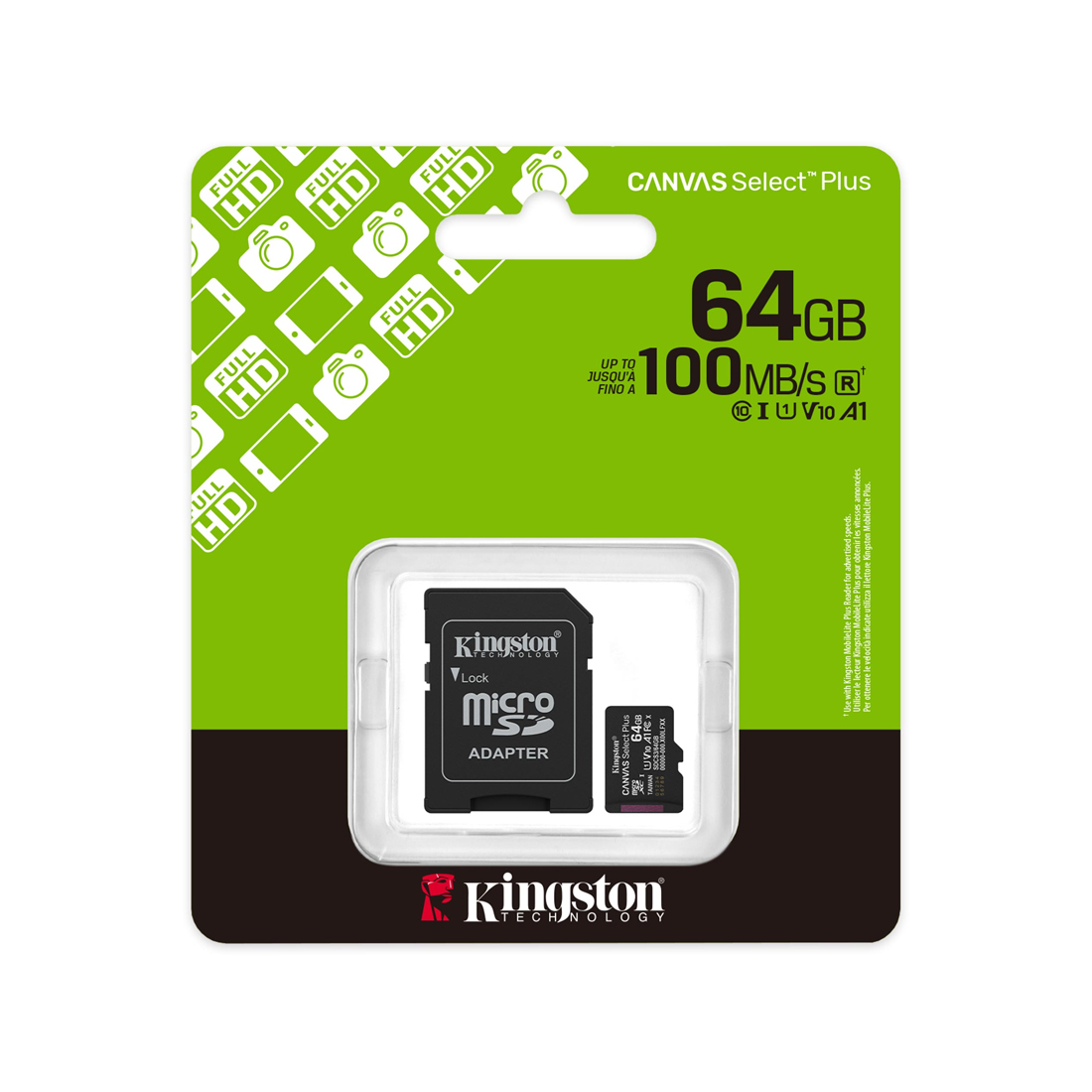 Карта памяти Kingston SDCS3/64GB MicroSDXC 64GB Canvas Select Plus A1 U1 V10 с адаптером SD