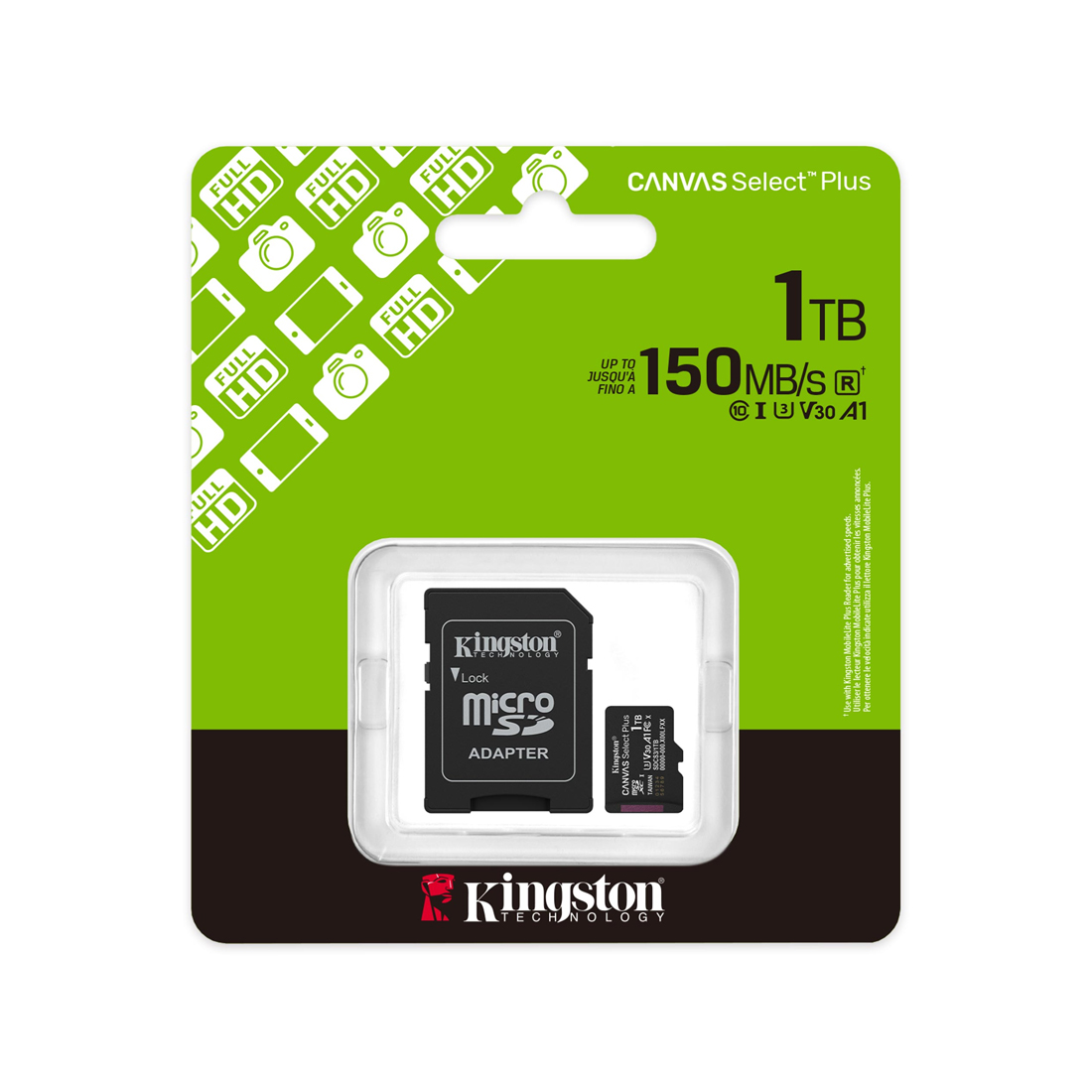 Карта памяти Kingston SDCS3/1TB MicroSDXC 1TB Canvas Select Plus A1 U3 V30 с адаптером SD