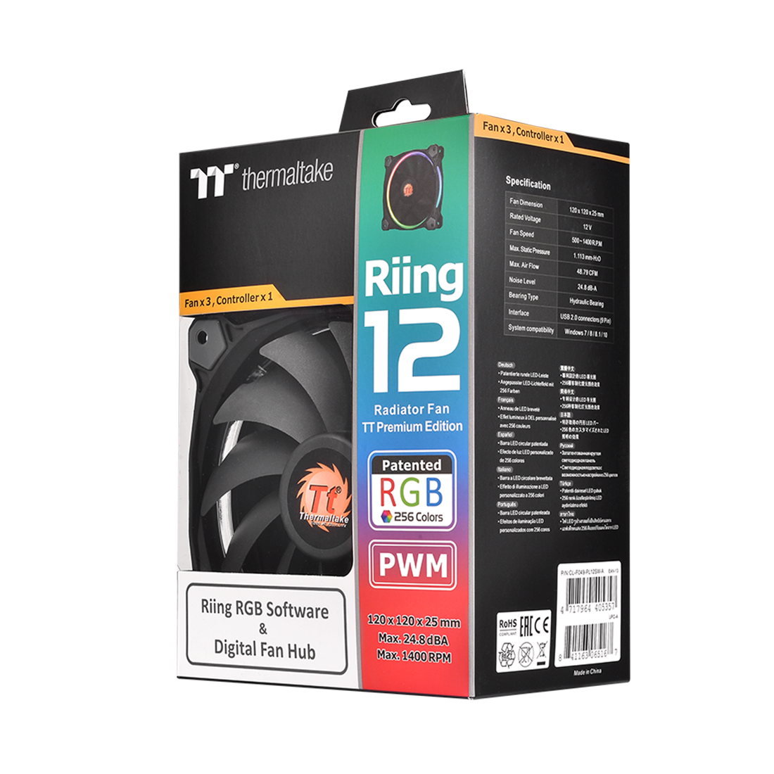 Кулер для компьютерного корпуса,Thermaltake, Riing Plus 12 RGB TT Premium Edition 3-Fan Pack, CL-F053-PL12SW-A, RGB 120мм вентилятор, 500-1500 об.мин, 48.34 CFM, 24.7 dB(A), 9pin, 120х120х25мм, Чёрный