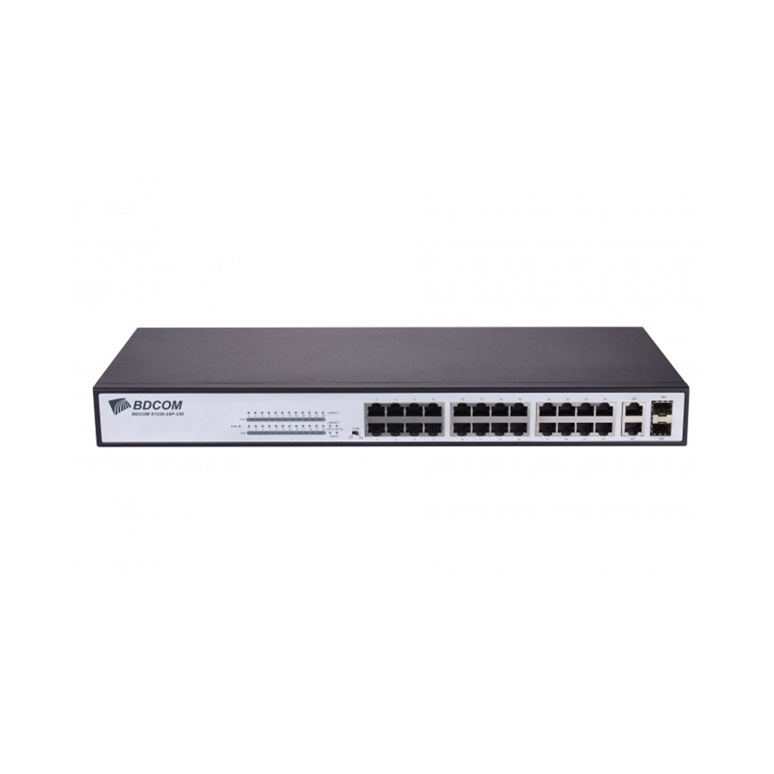 Коммутатор, BDCOM, S1226-24P, Неуправляемый, 24 порта PoE 10/100M RJ45, 2 комбо порта 1000M RJ45/SFP, Бюджет PoE 370W, supports standard/VLAN/CCTVmode, Стоечный 1U