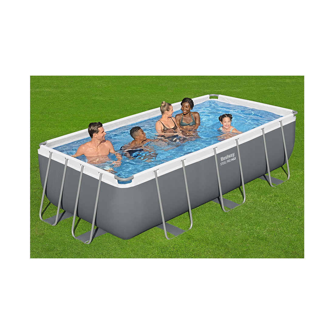 Каркасный бассейн Steel Pro MAX Rectangular 404 х 201 х 100 см, BESTWAY, 56441, Винил, 6478 л., Стальной каркас, Ф-насос 58383 (2006л/ч), Лестница 58335, Серый, Цветная коробка