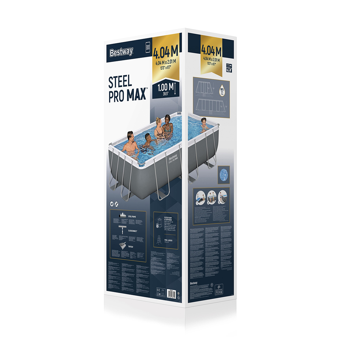 Каркасный бассейн Steel Pro MAX Rectangular 404 х 201 х 100 см, BESTWAY, 56441, Винил, 6478 л., Стальной каркас, Ф-насос 58383 (2006л/ч), Лестница 58335, Серый, Цветная коробка